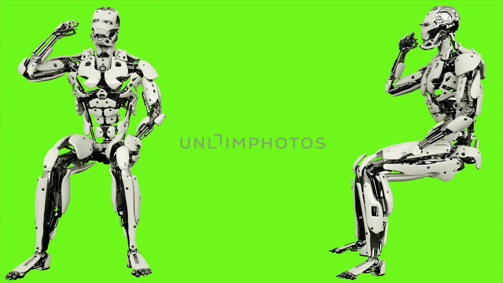 Robot android is emotionally reacts and waves fist. Illustration on green screen background.