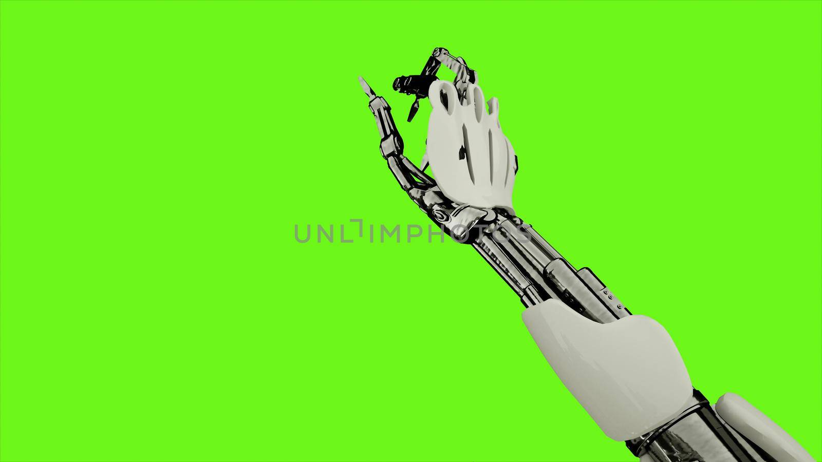 Robot android is presses the button. Illustration on green screen background.