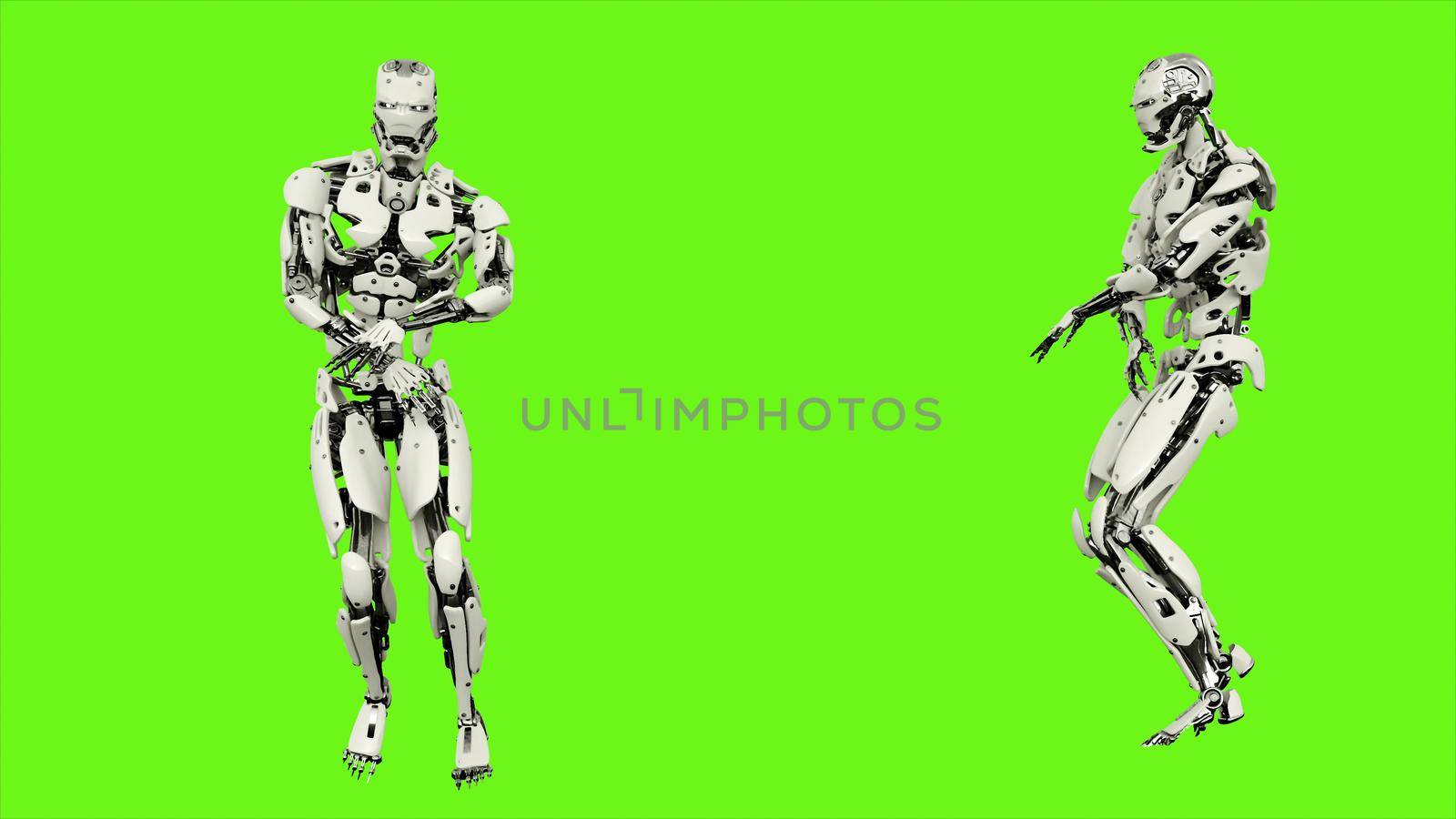 Robot android is Robot android is dancing hip hop. Illustration on green screen background.