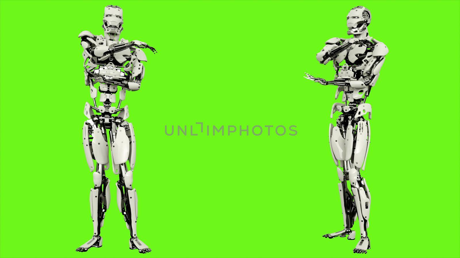 Robot android is arm stretching. Illustration on green screen background.