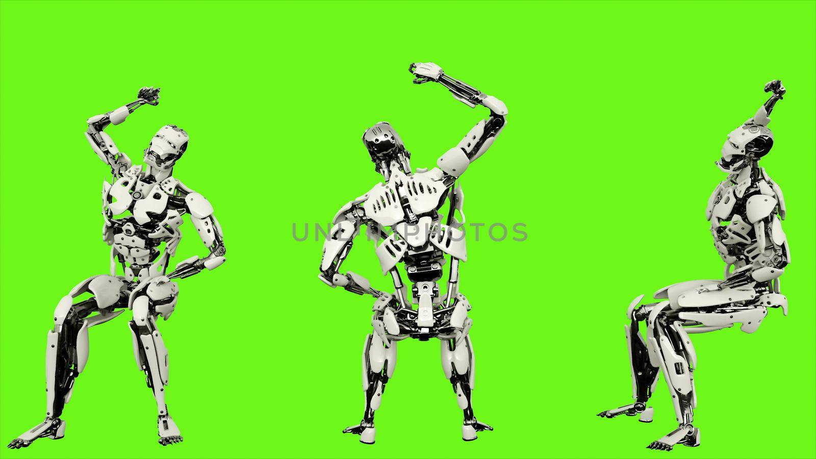 Robot android is cheering while sitting. Illustration on green screen background.