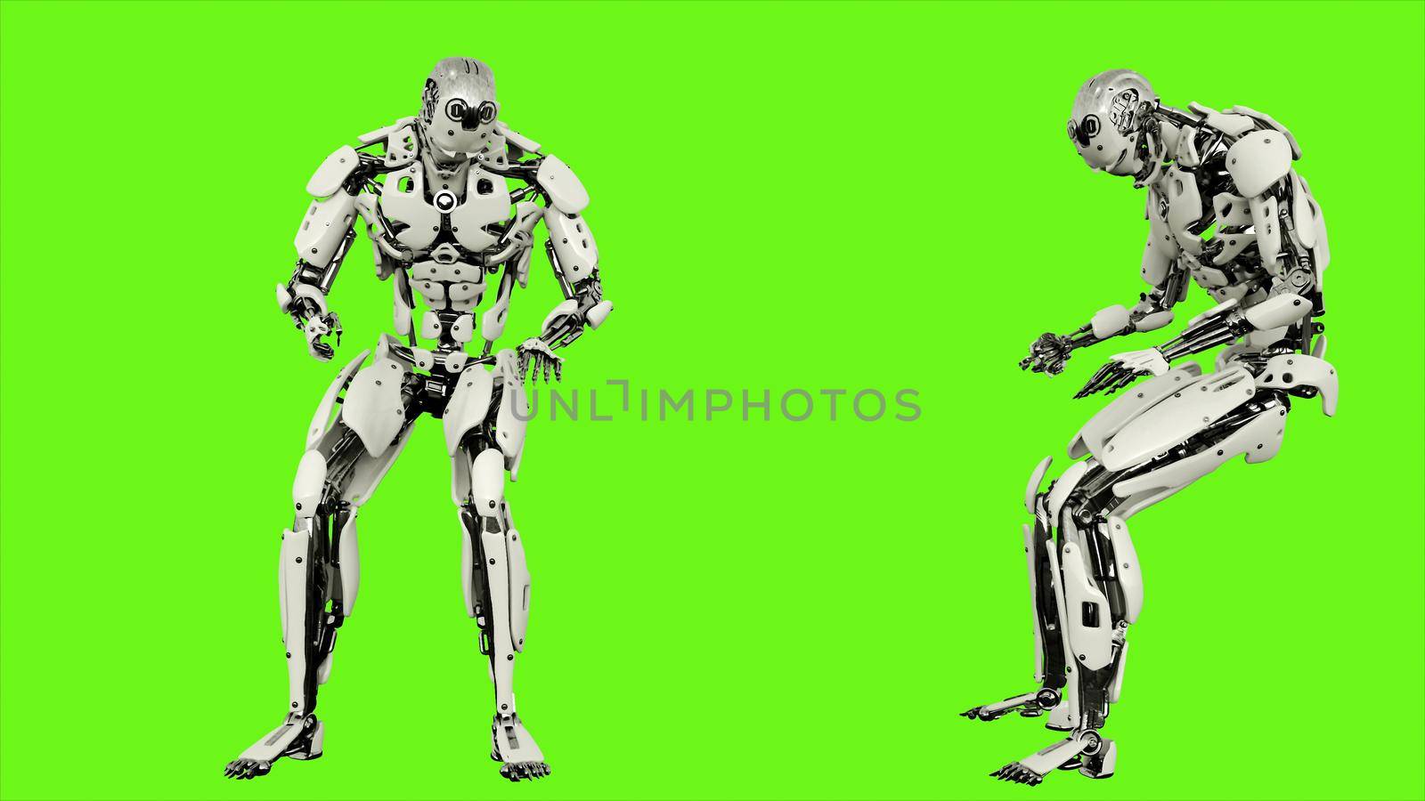 Robot android is banging fist. Illustration on green screen background.