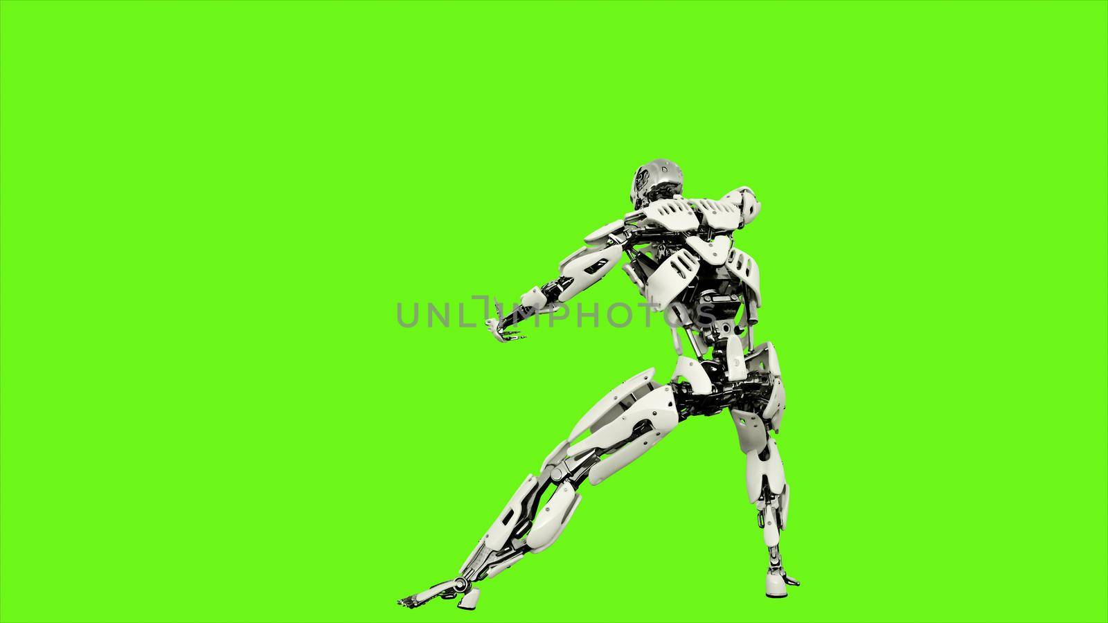 Robot android is launches a ball of energy. Illustration on green screen background.