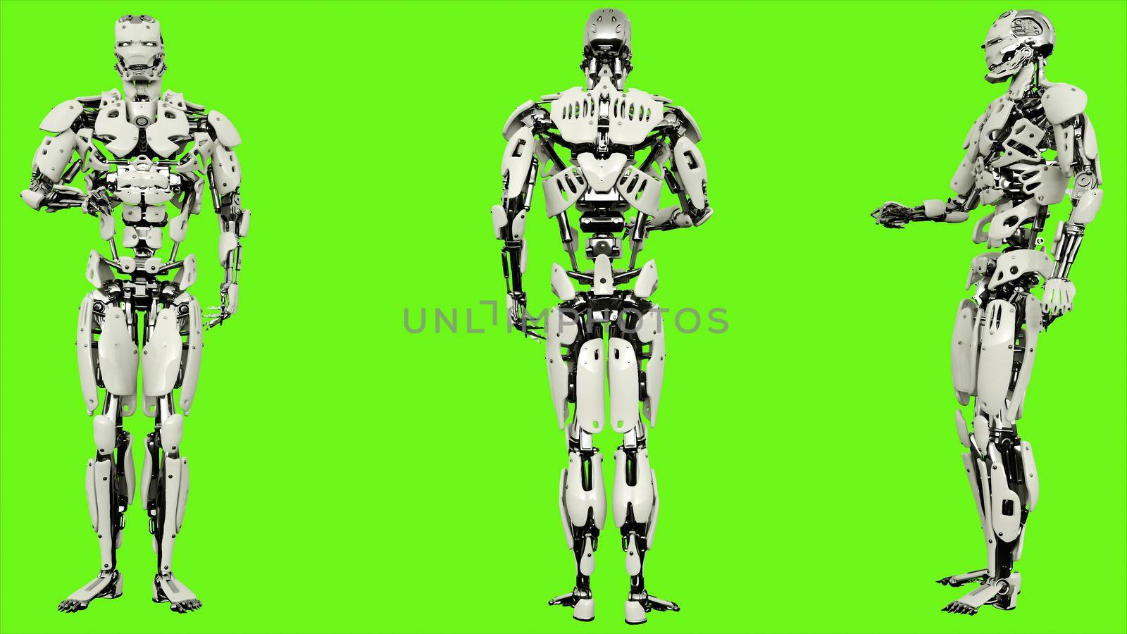 Robot android is presses the button. Illustration on green screen background.