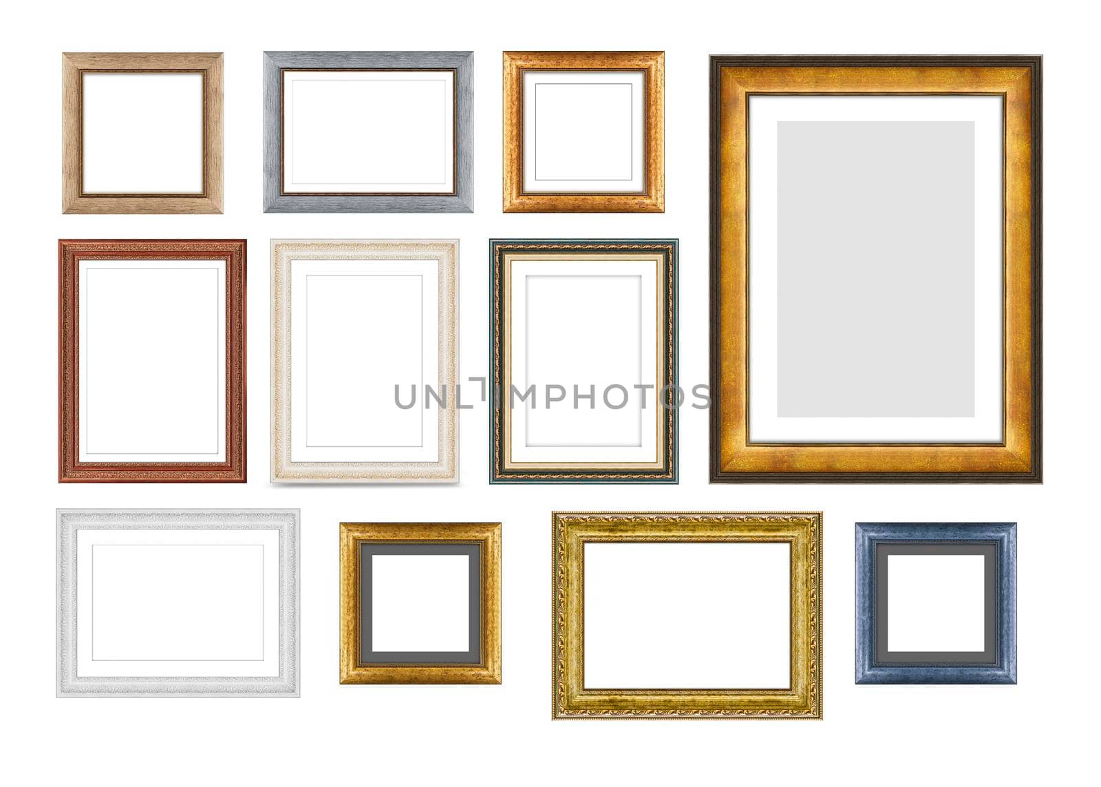 Set of vintage wooden frames for pictures or photos, frames for a mirror isolated on white background. With clipping path