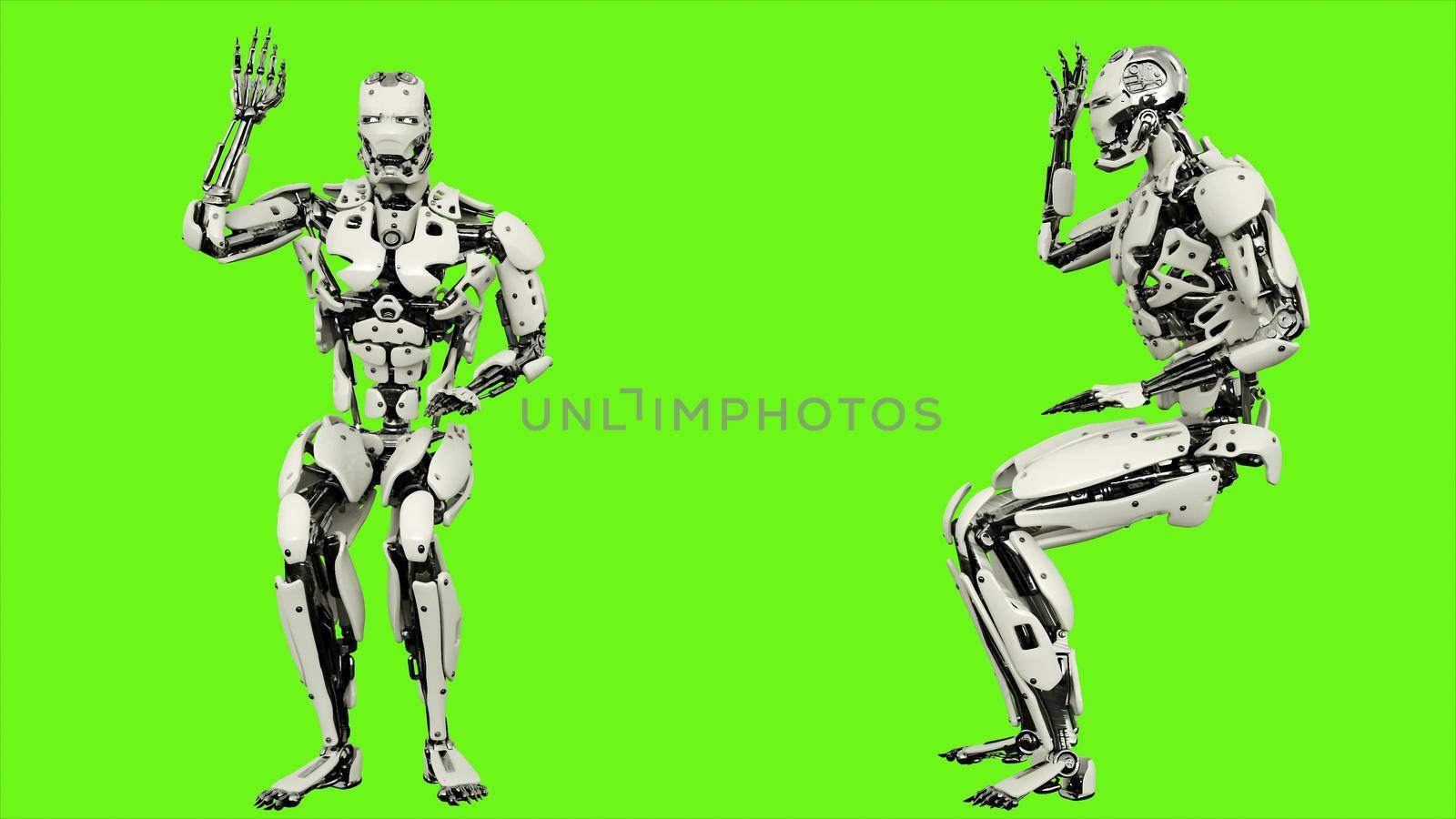 Robot android is asking question. Illustration on green screen background.