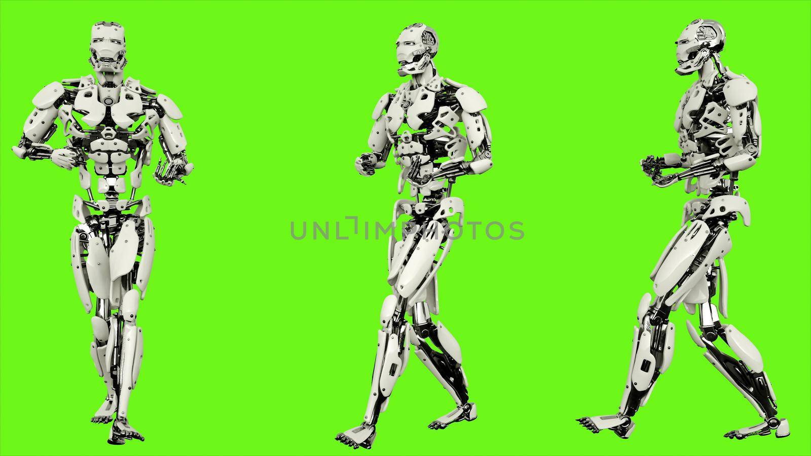 Robot android is backwards rife walk. Illustration on green screen background.