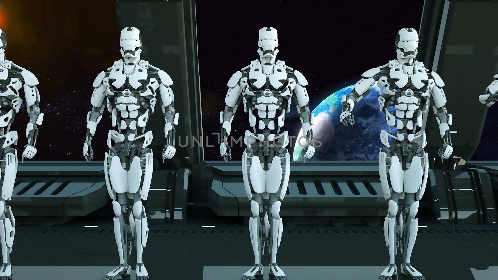 Robots soldiers on a spaceship salute against the background of the Universe and Planets