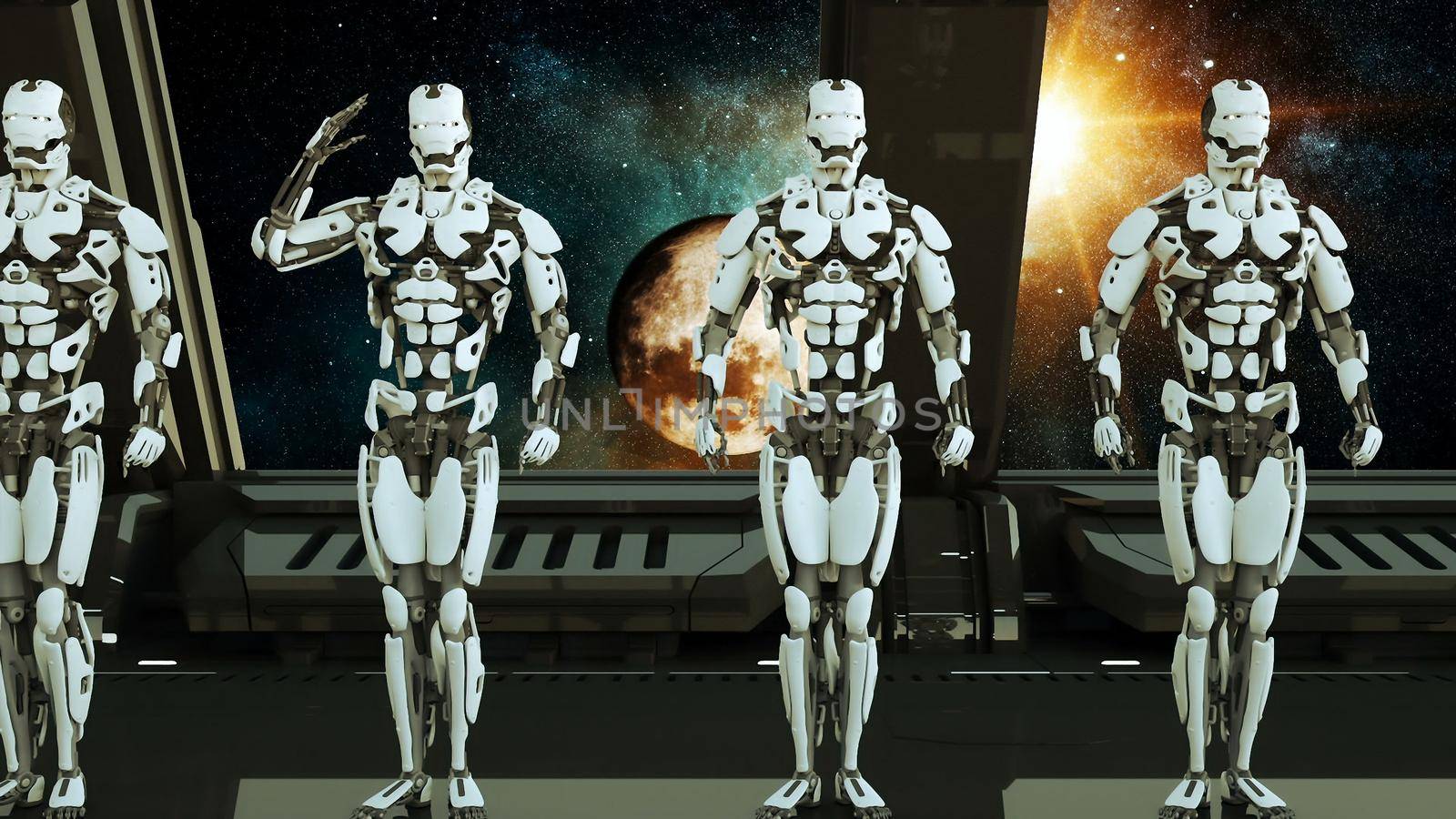 Robots soldiers on a spaceship salute against the background of the Universe and Planets