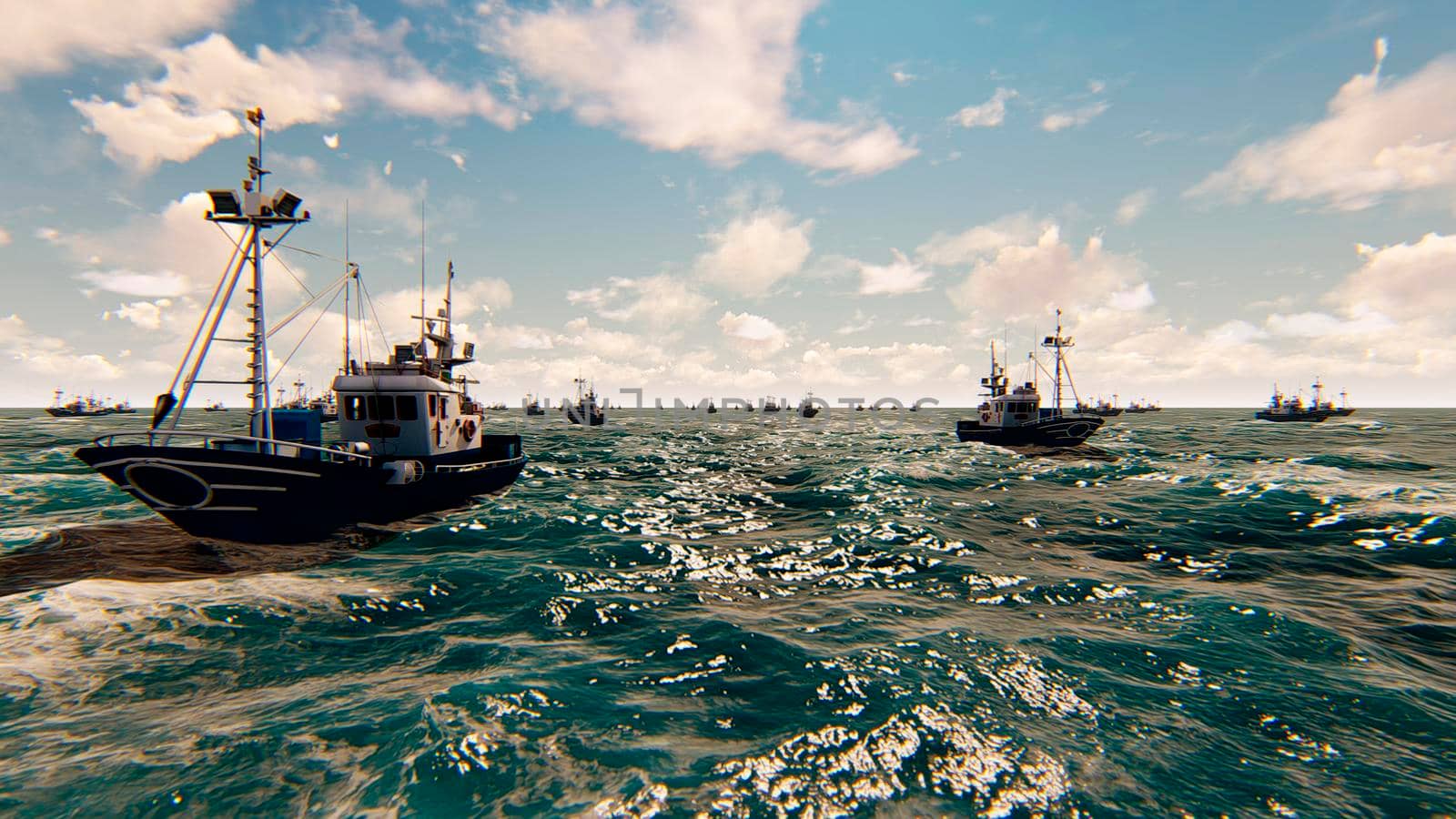 View of the Beautiful Blue Calm Sea and commercial fishing boats. 3D Rendering by designprojects