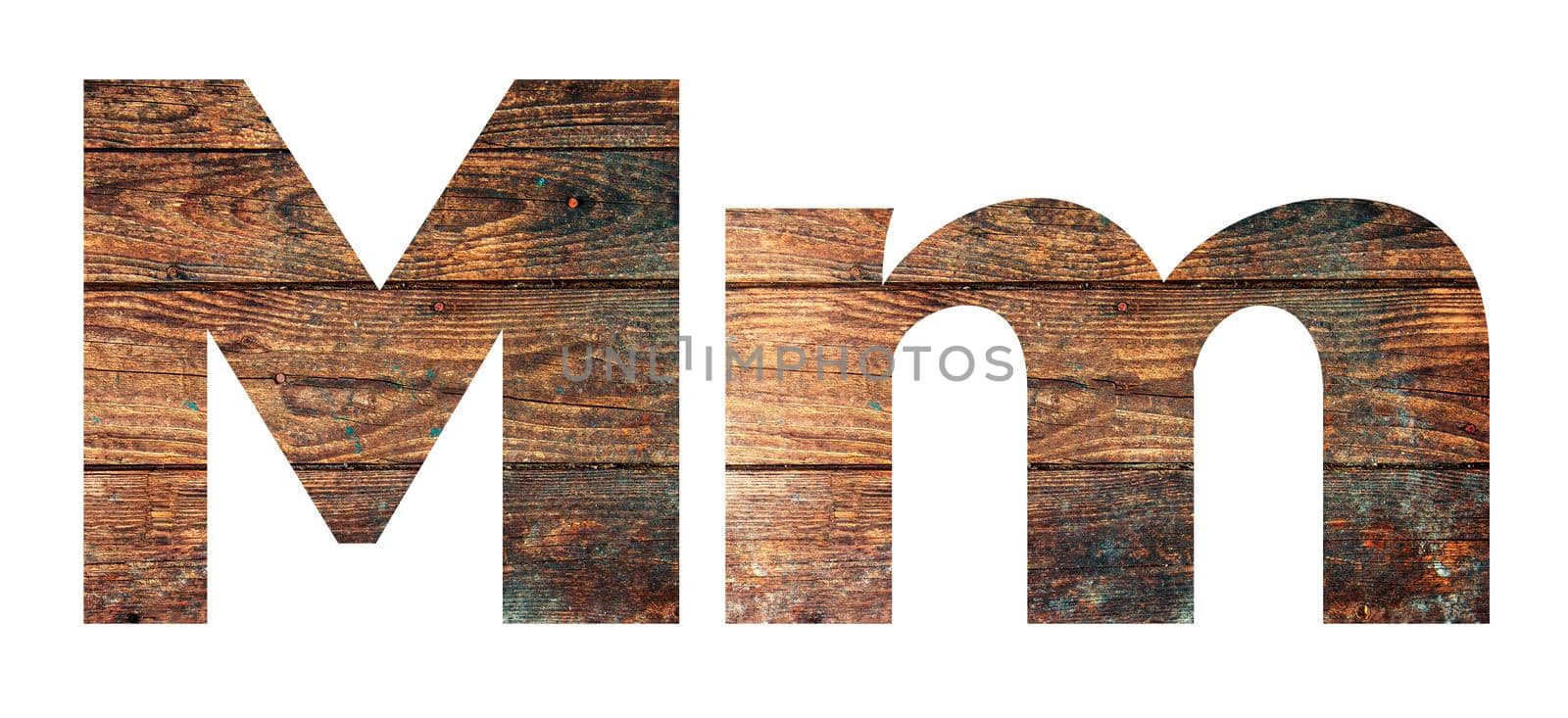 Wooden letters. Letter M. English alphabet isolated on white background. With clipping path