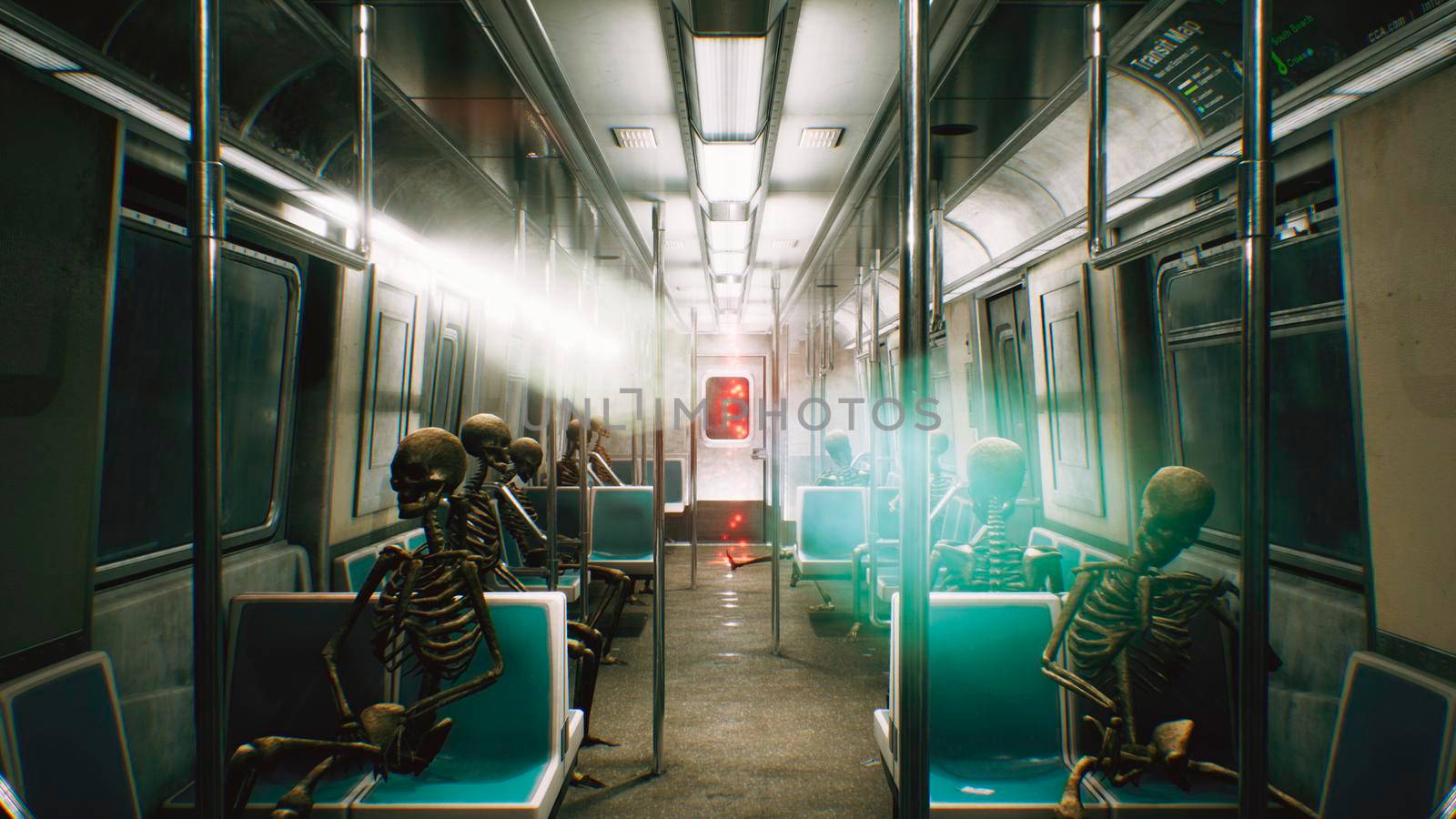 Abandoned railway horror train with skeletons. Horror and post apocalyptic scene.