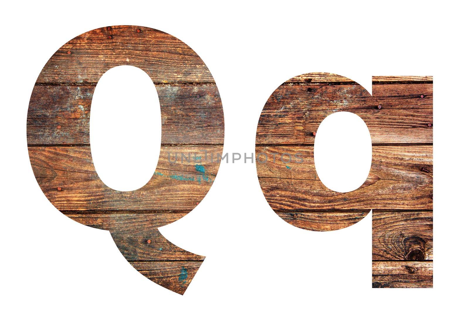 Wooden letters. Letter Q. English alphabet isolated on white background. With clipping path
