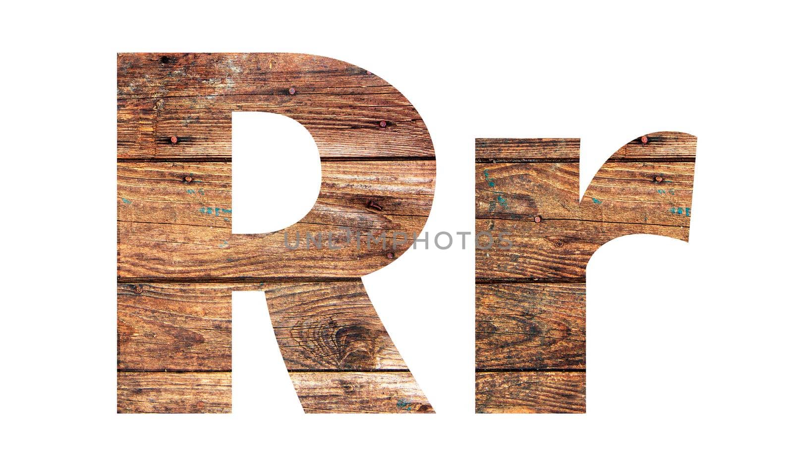Wooden letters. Letter R. English alphabet isolated on white background. With clipping path
