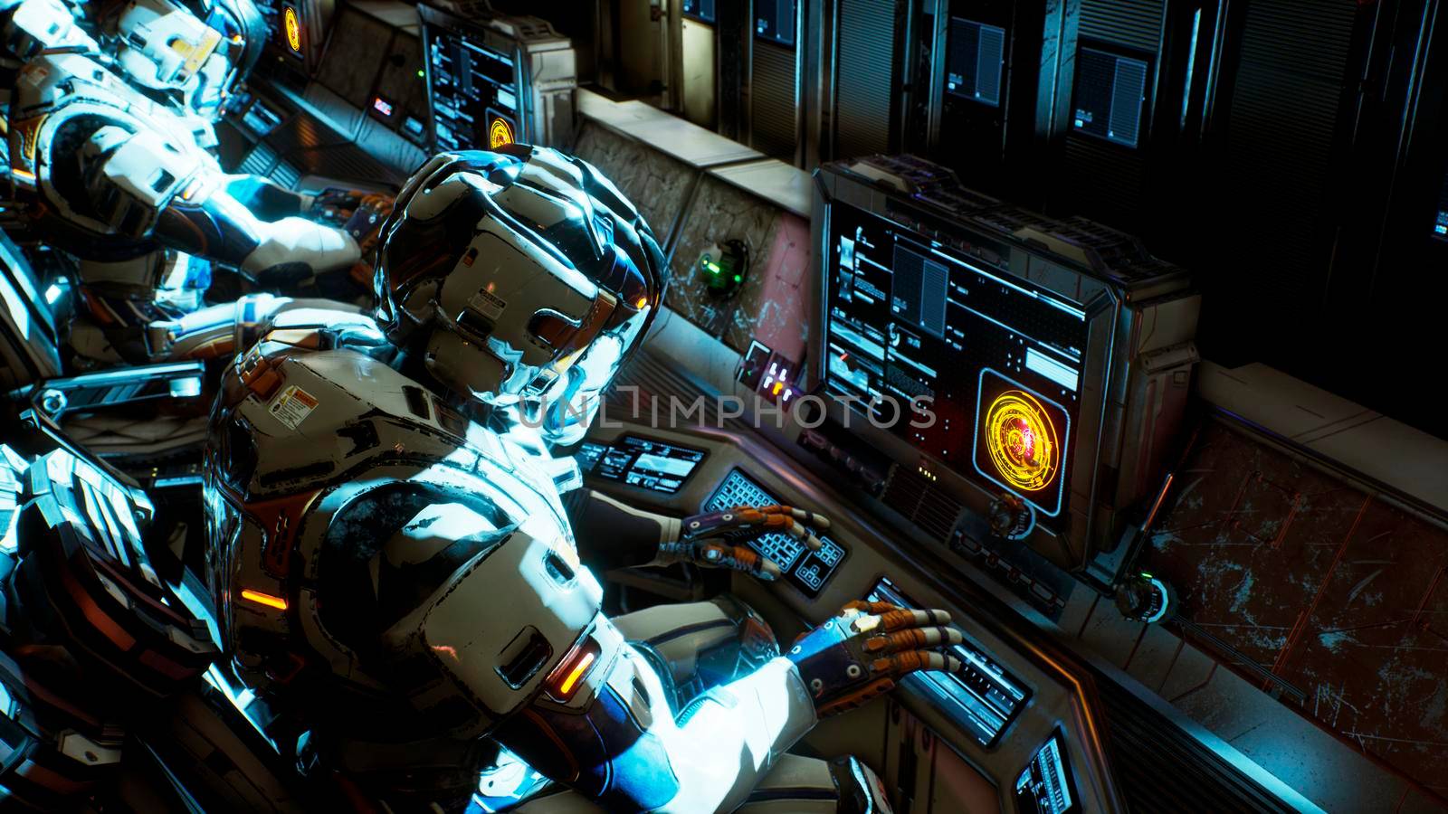 The astronauts on his spacecraft working on a computer. 3D Rendering by designprojects