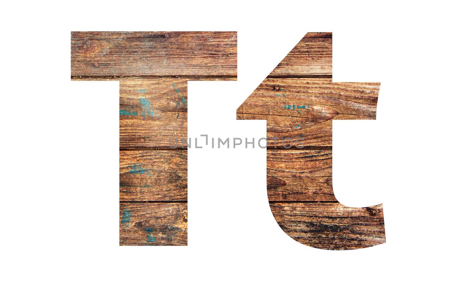 Wooden letters. Letter T. English alphabet isolated on white background. With clipping path