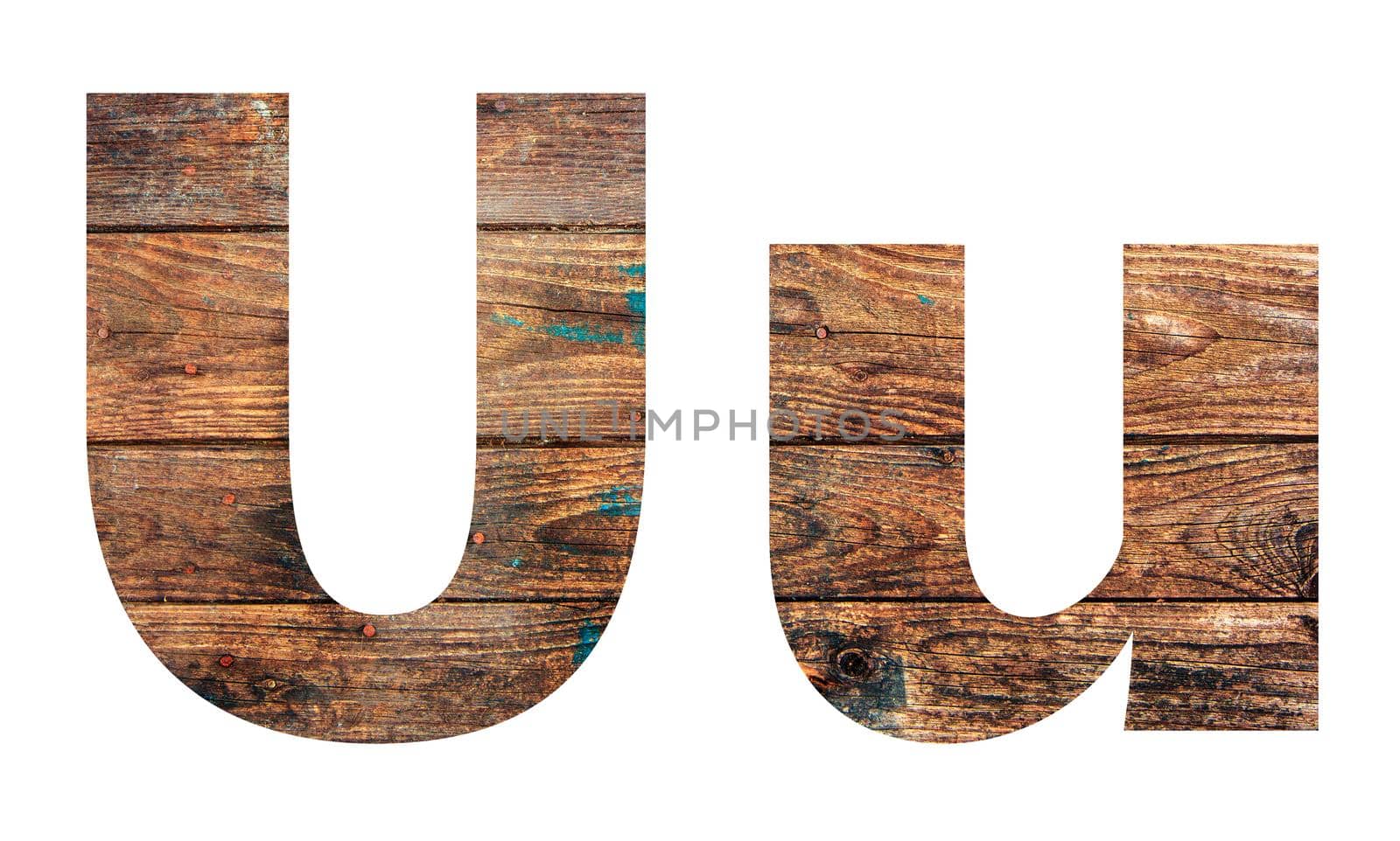 Wooden letters. Letter U. English alphabet isolated on white background. With clipping path