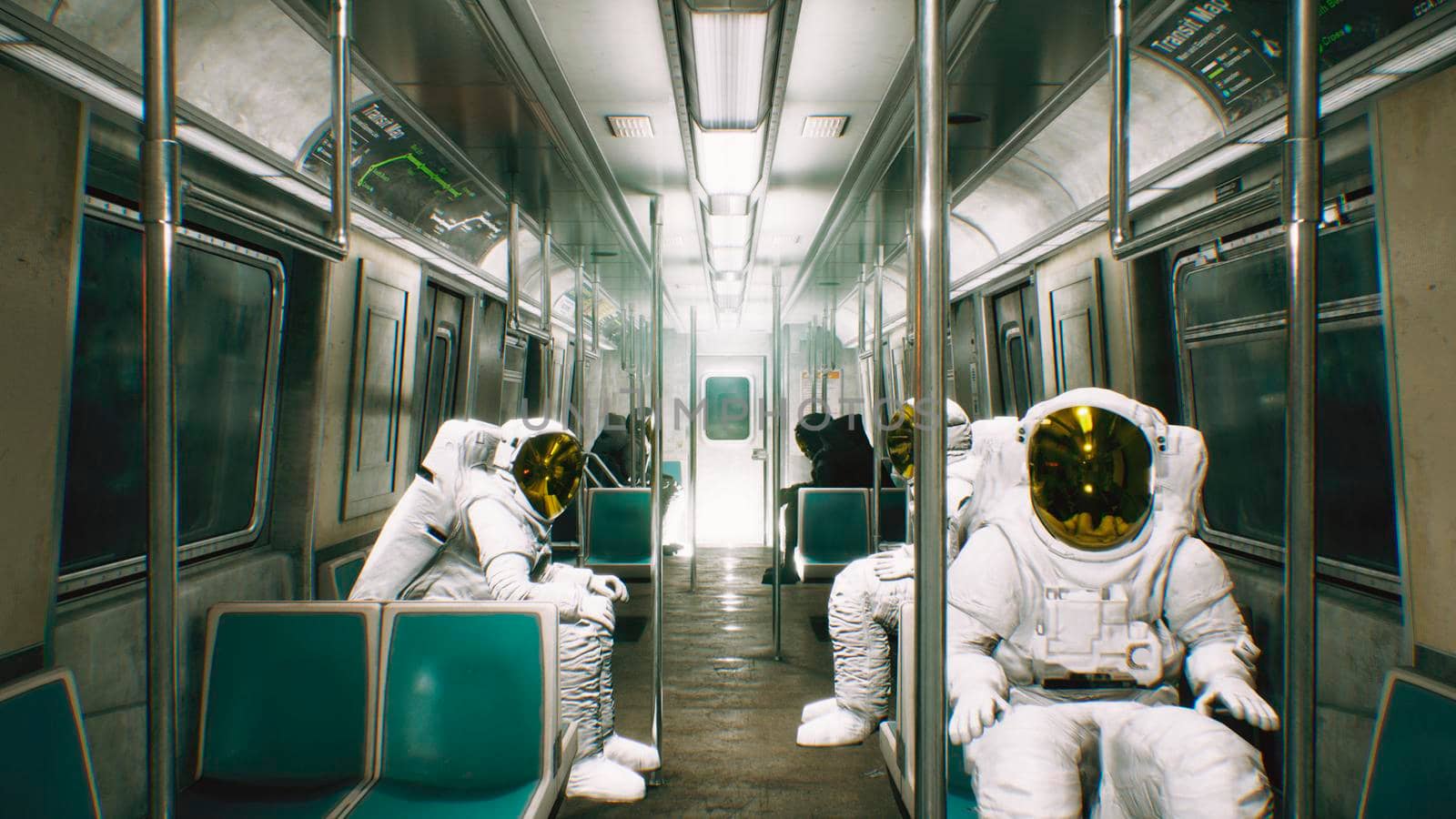 Astronauts go to work in the train. Abstract cosmic fantasy.