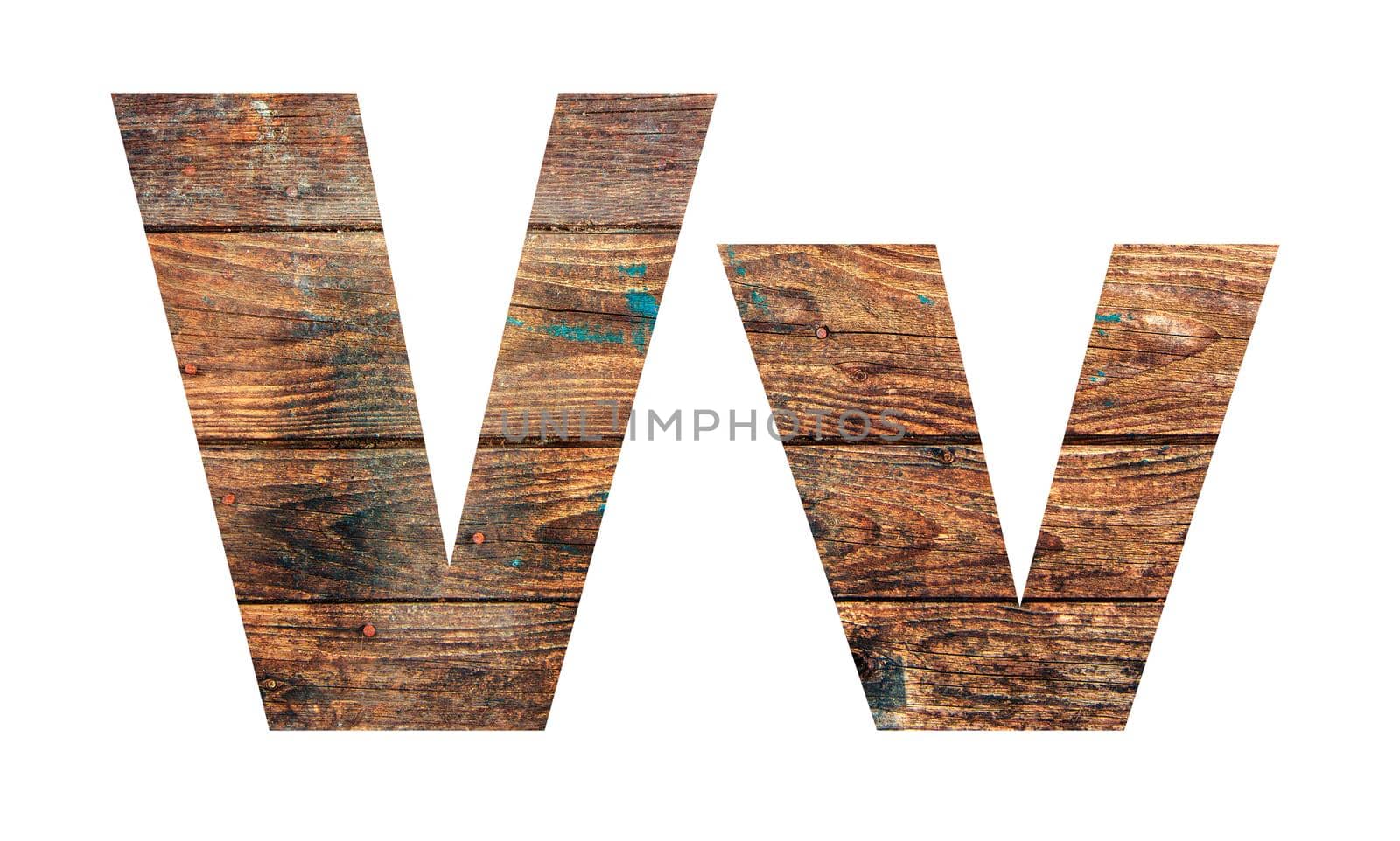 Wooden letters. Letter V. English alphabet isolated on white background. With clipping path