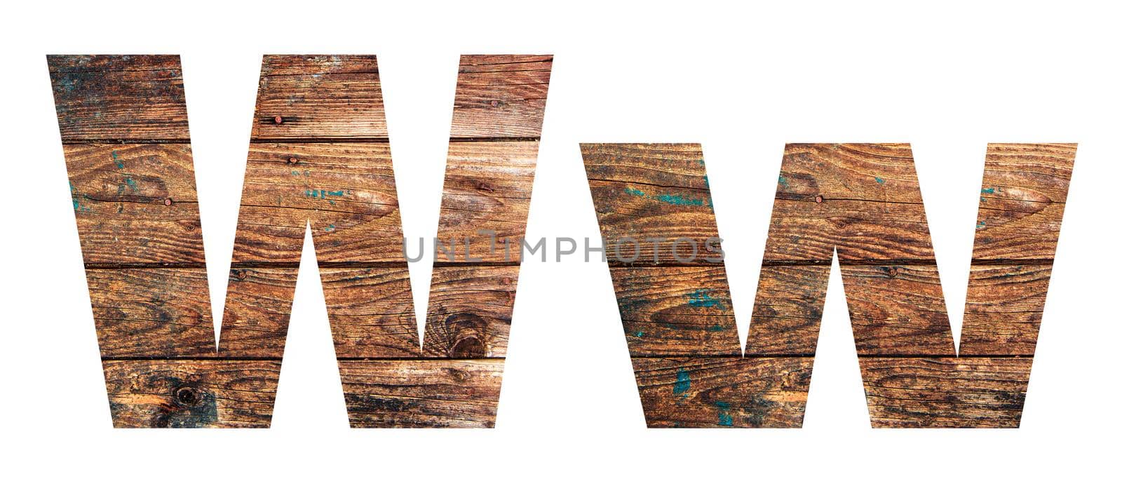 Wooden letters. Letter W. English alphabet isolated on white background. With clipping path
