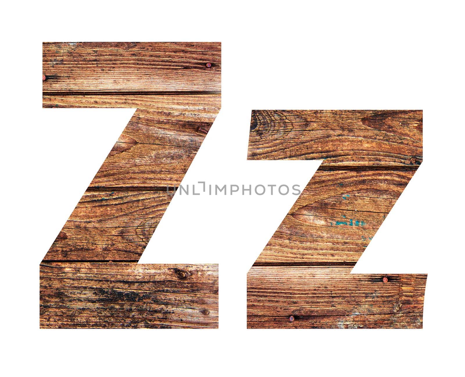 Wooden letters. Letter Z. English alphabet isolated on white background. With clipping path
