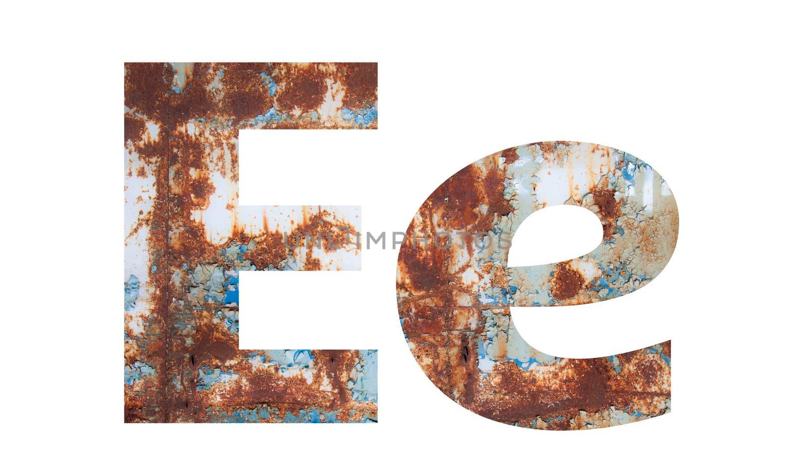 Rusty metal letter E. Old metal alphabet isolated on white background. With clipping path