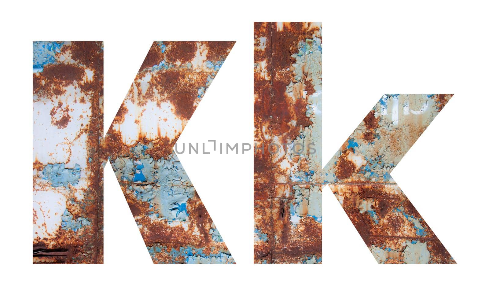 Rusty metal letter K. Old metal alphabet isolated on white background. With clipping path
