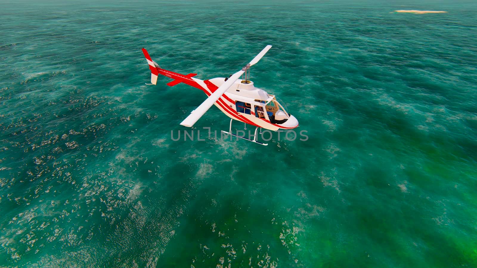 Helicopter flying over the pacific ocean on a sunny day. 3D Rendering by designprojects