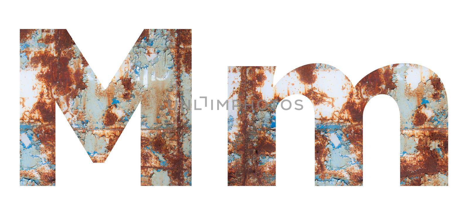 Rusty metal letter M. Old metal alphabet isolated on white background. With clipping path