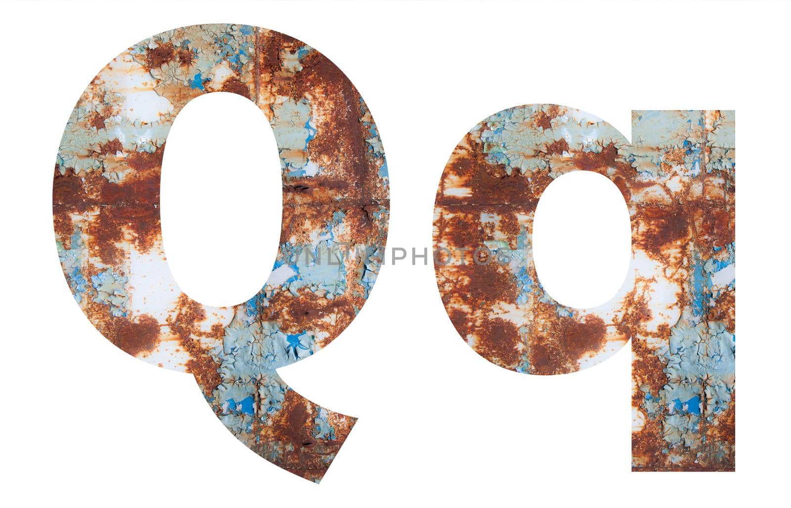 Rusty metal letter Q. Old metal alphabet isolated on white background. With clipping path