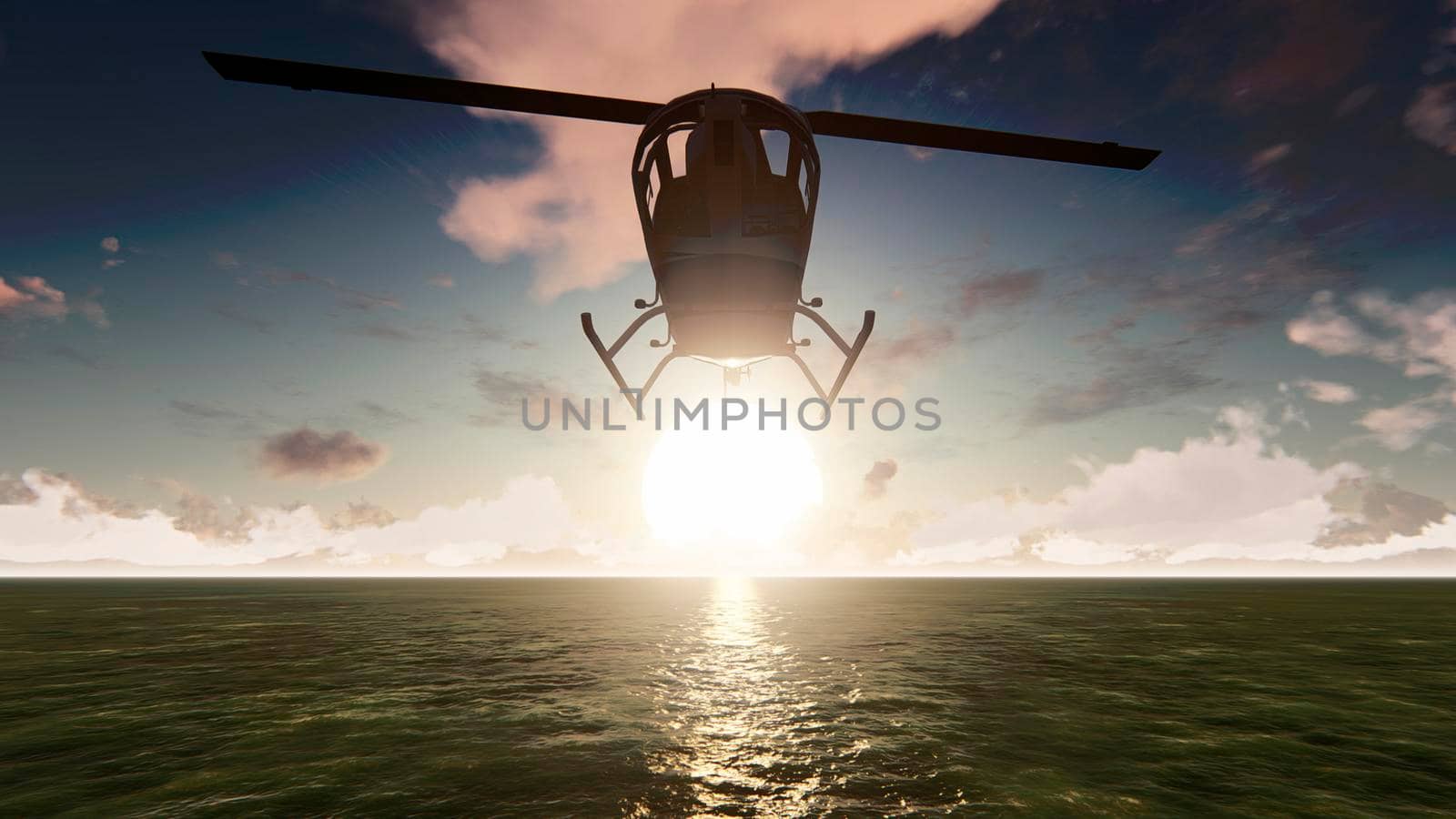 Helicopter flying over the pacific ocean on a sunny day. 3D Rendering by designprojects