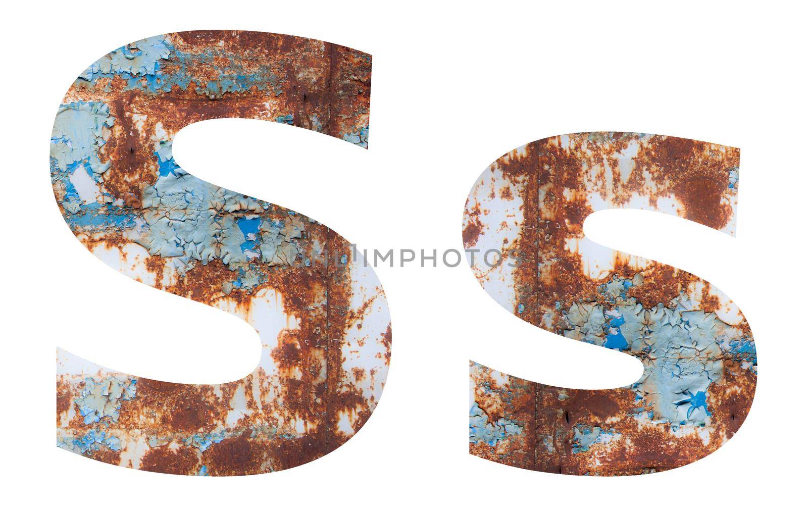 Rusty metal letter S. Old metal alphabet isolated on white background. With clipping path