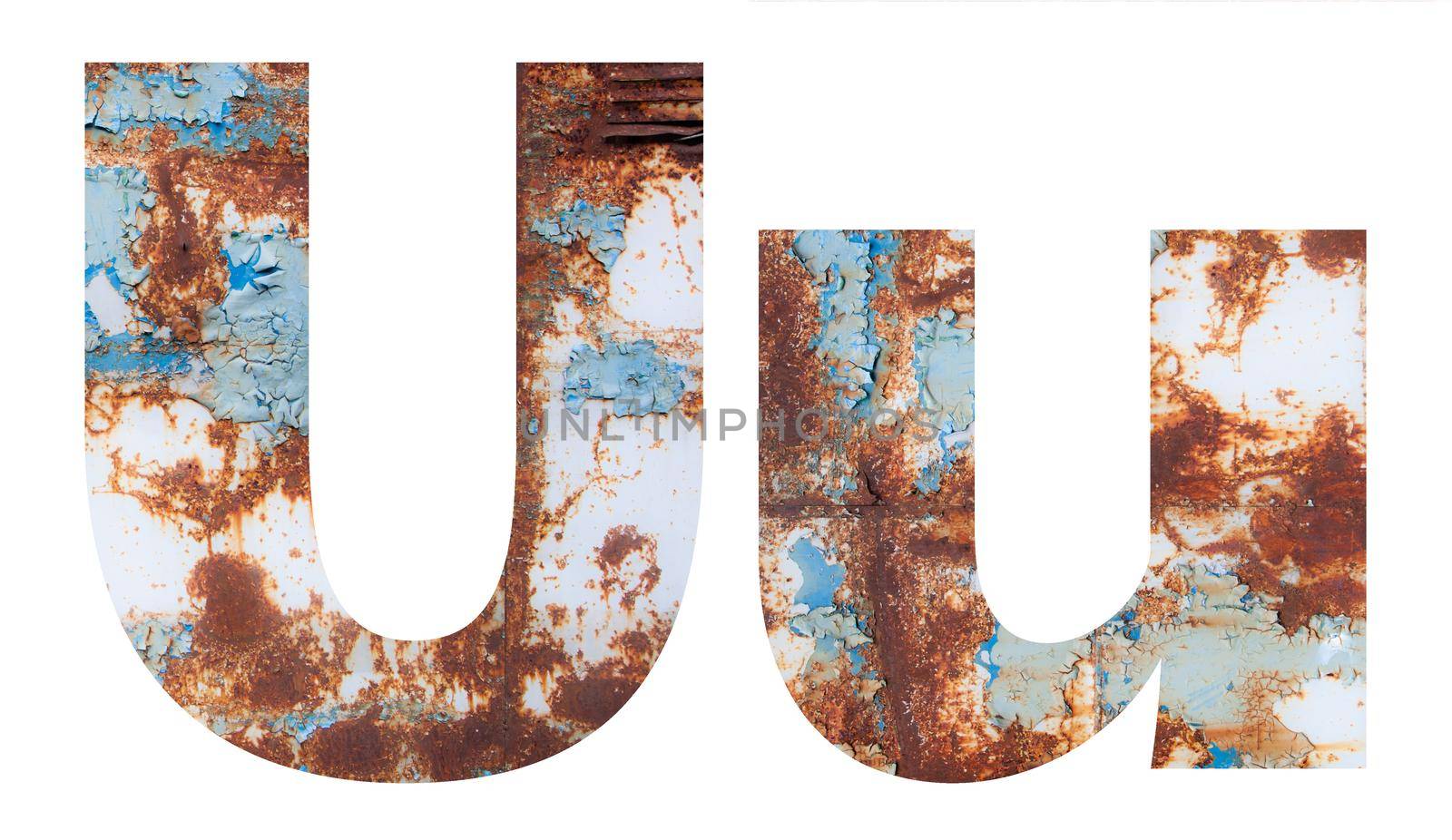 Rusty metal letter U. Old metal alphabet isolated on white background. by SlayCer