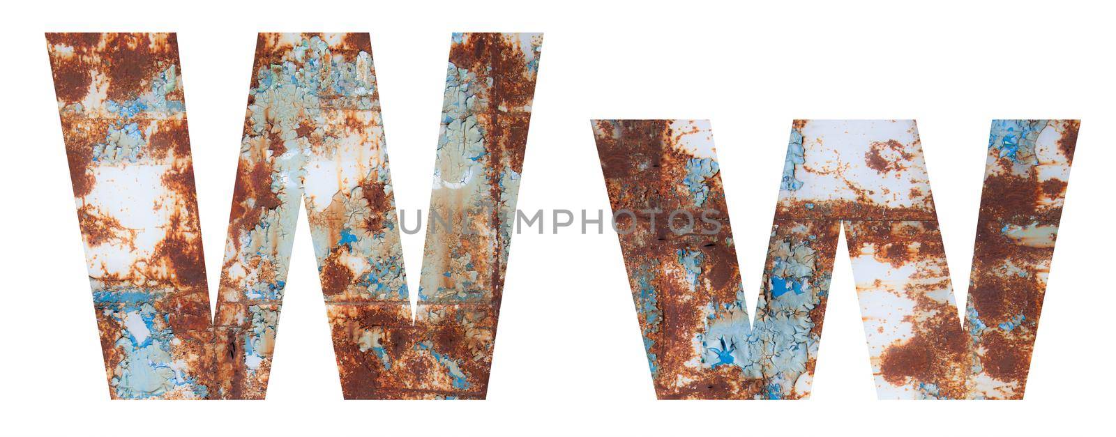 Rusty metal letter W. Old metal alphabet isolated on white background. With clipping path