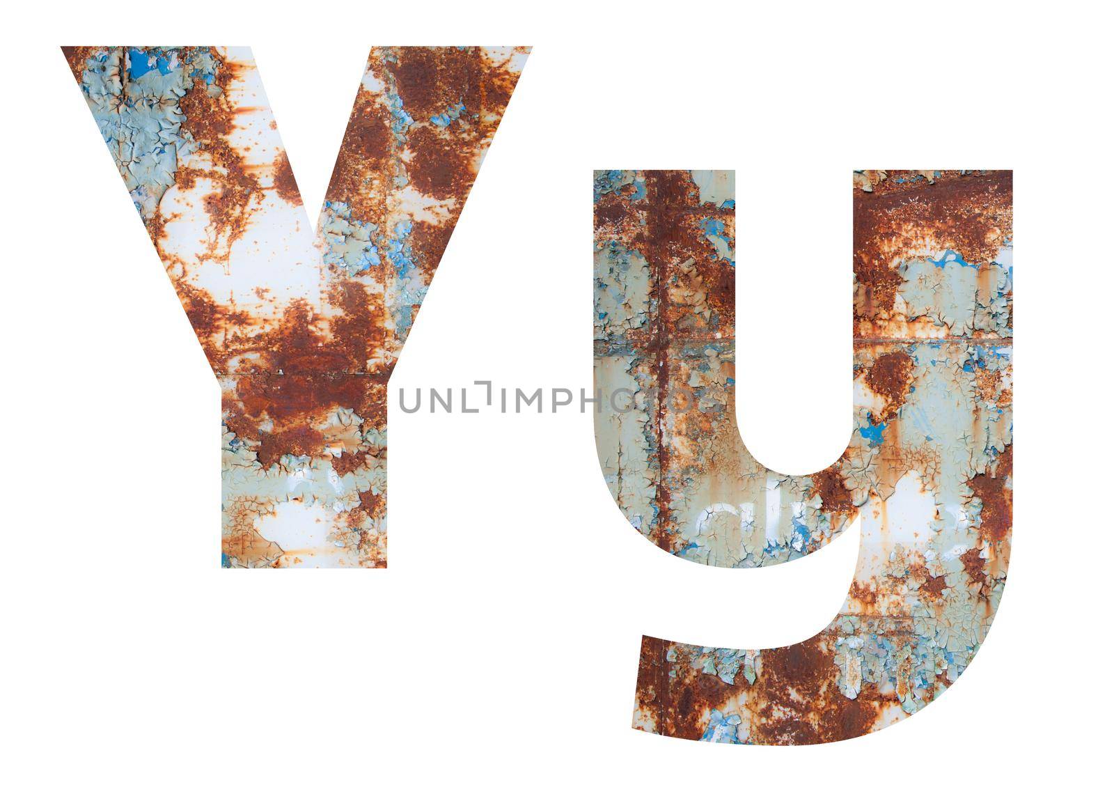 Rusty metal letter Y. Old metal alphabet isolated on white background. With clipping path