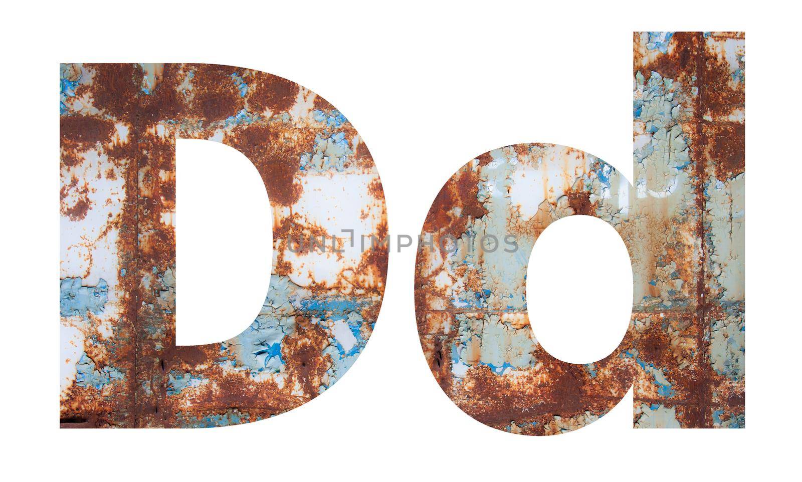 Rusty metal letter D. Old metal alphabet isolated on white background. With clipping path