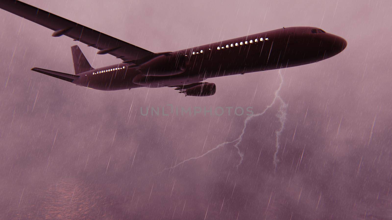 Passenger Plane flying over the Pacific ocean at storm