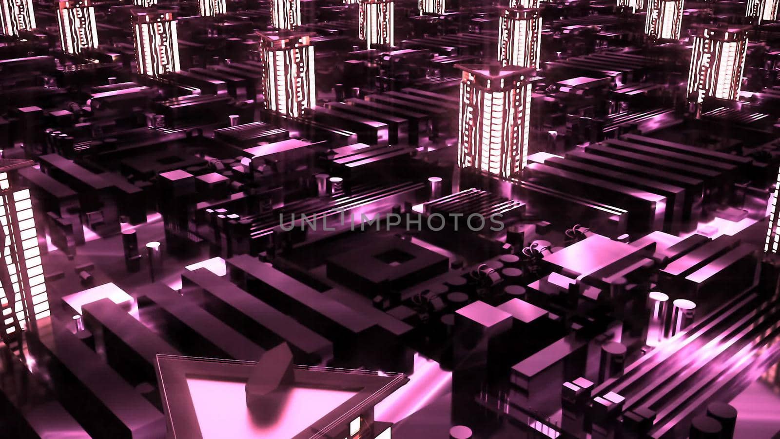 Cybernetic futuristic neon City. skyscrapers in technology style. 3D rendering by designprojects