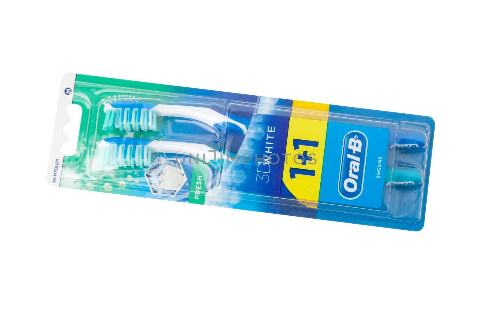 Oral-B 3D white toothbrush packaging isolated on white background with clipping path by SlayCer