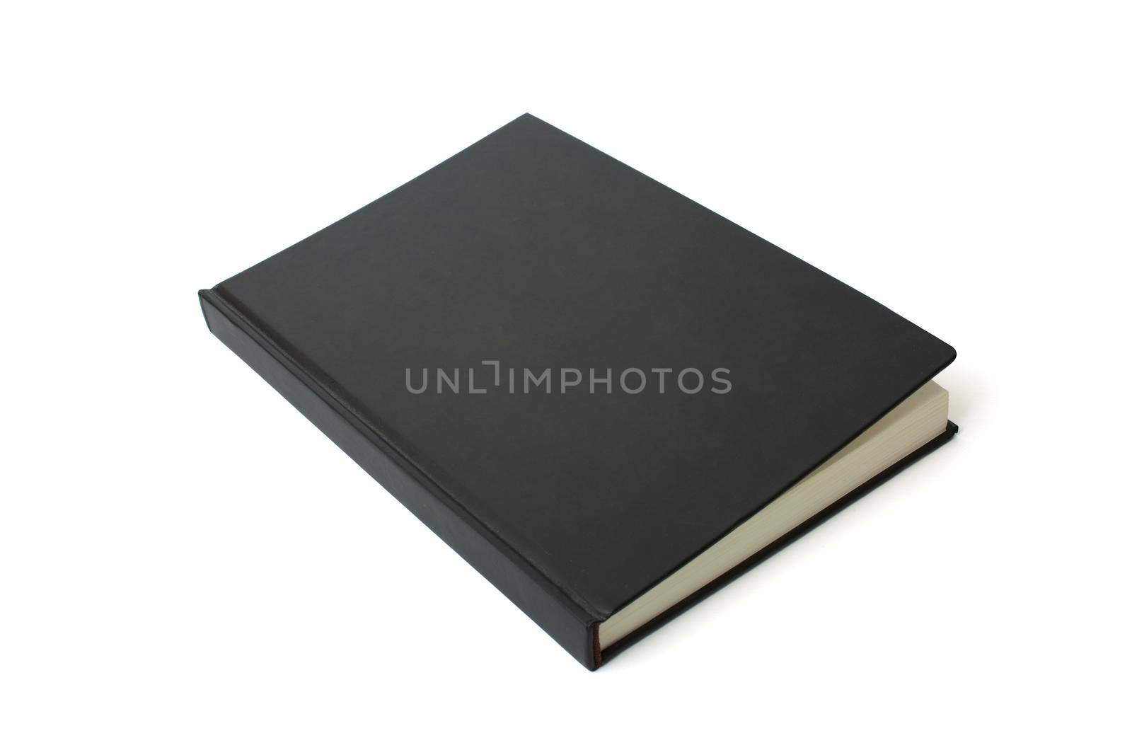 Black notebook paper is in a closed state. Close up isolated on white background