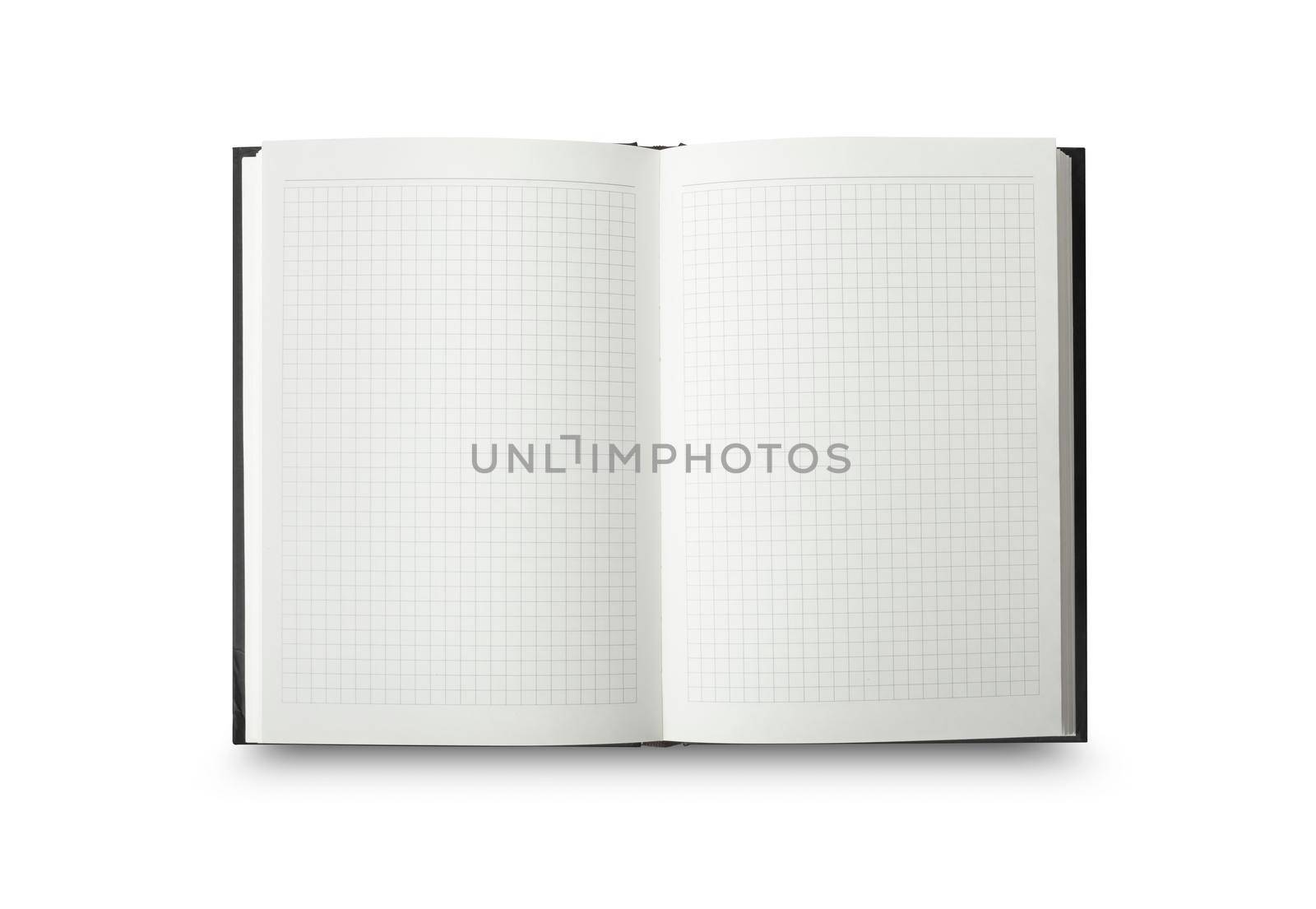 Empty Opened Notebook closeup on white background. Top view diary with clipping path