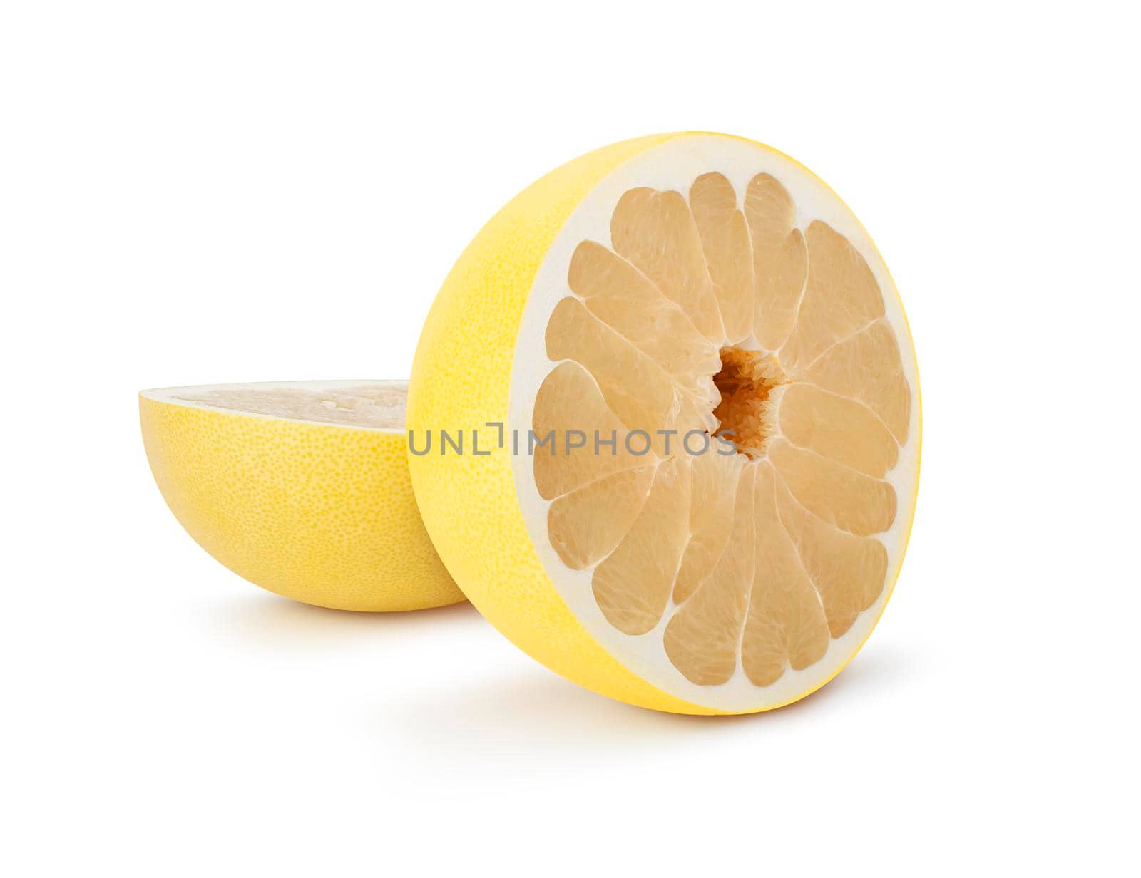 Pamela citrus fruit one cut in half isolated on white background. Clipping Path.