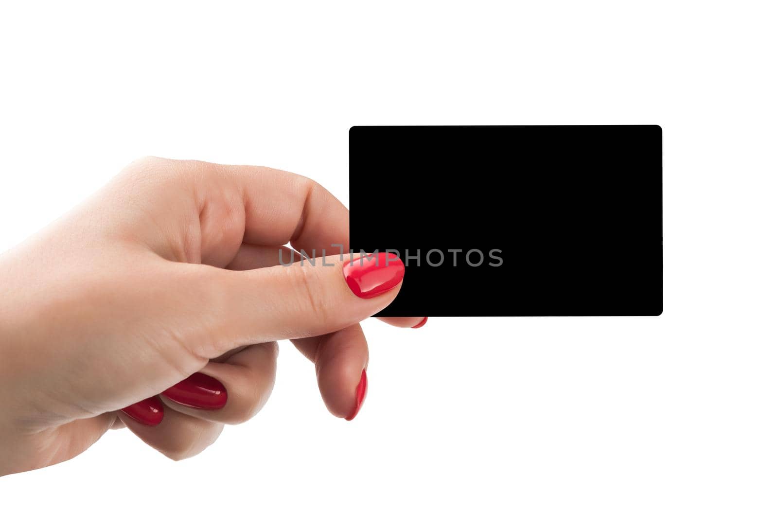 Close up of woman's hand holding blank black card. by SlayCer