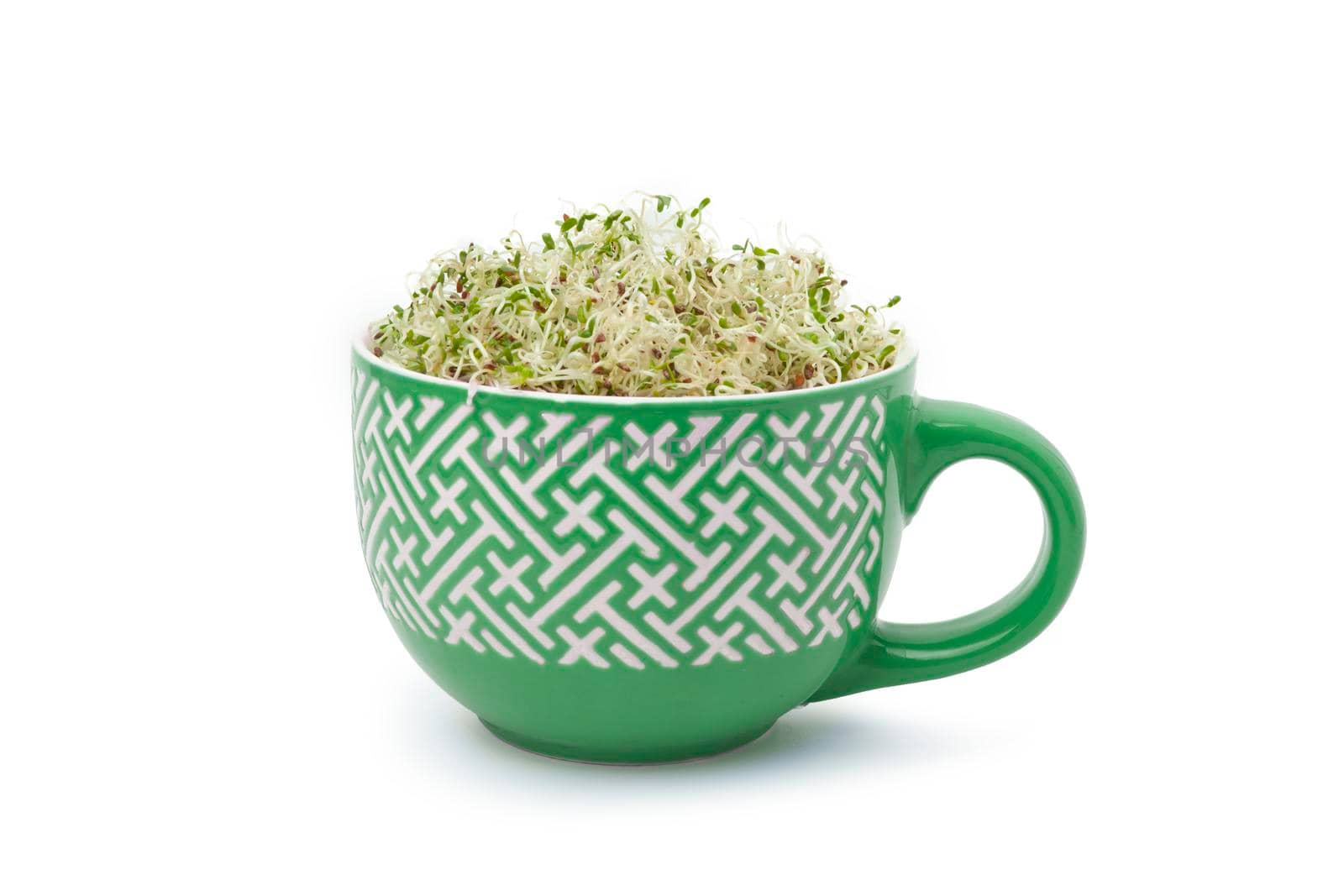 Organic young alfalfa sprouts in a cup on a white background by SlayCer