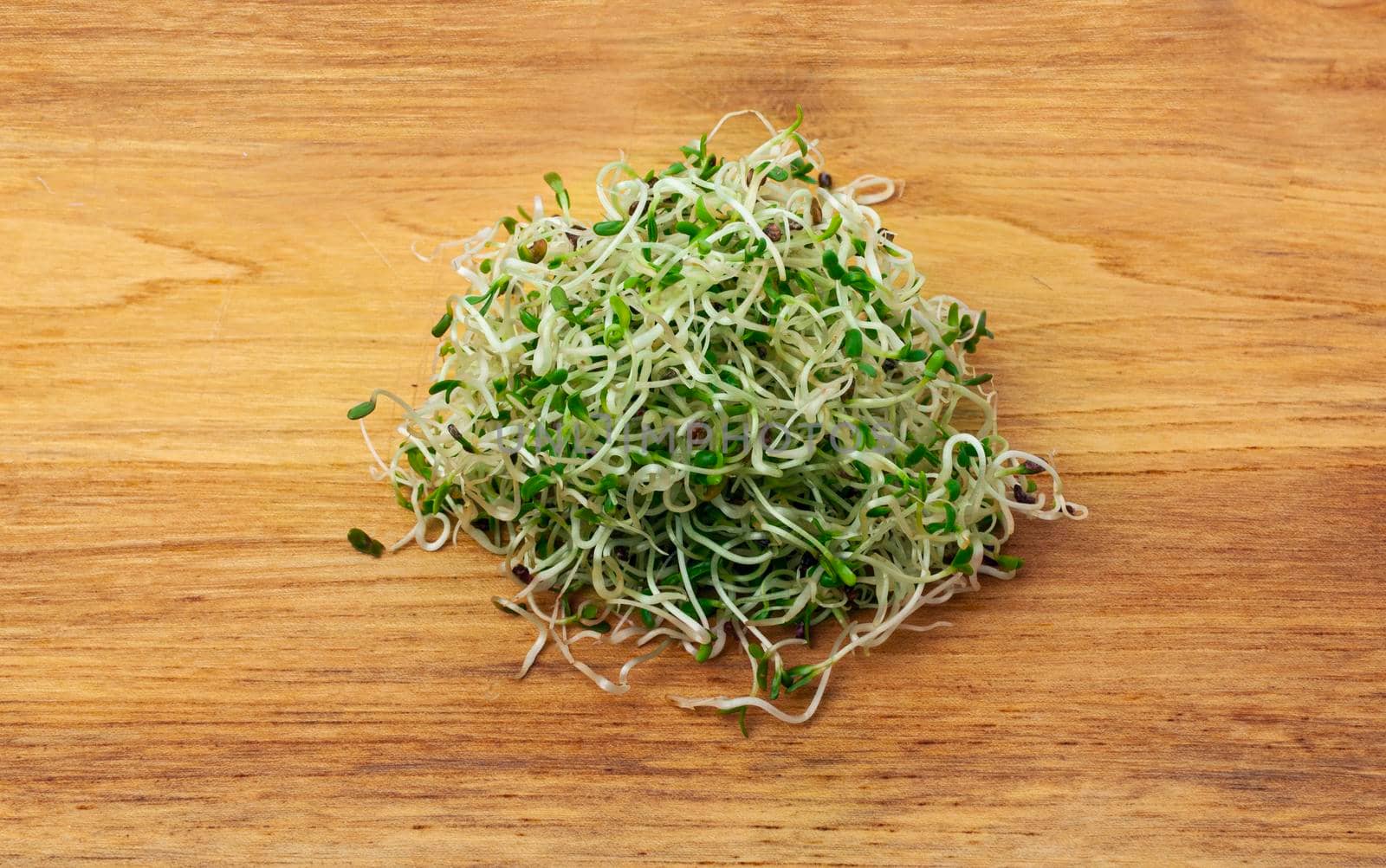 Organic young alfalfa sprouts on a wooden table background close up