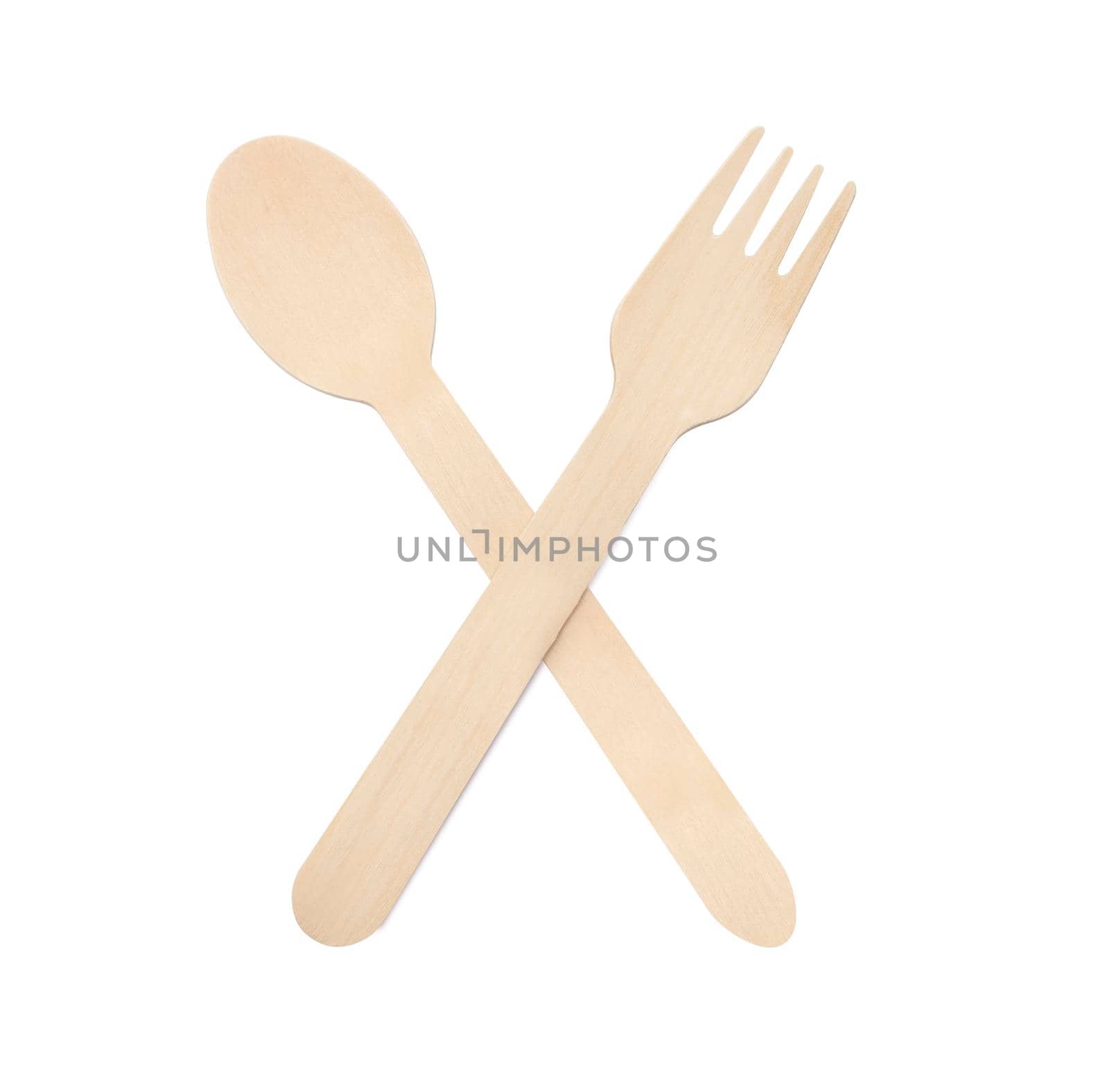 Wooden spoon and fork isolated on white background by SlayCer