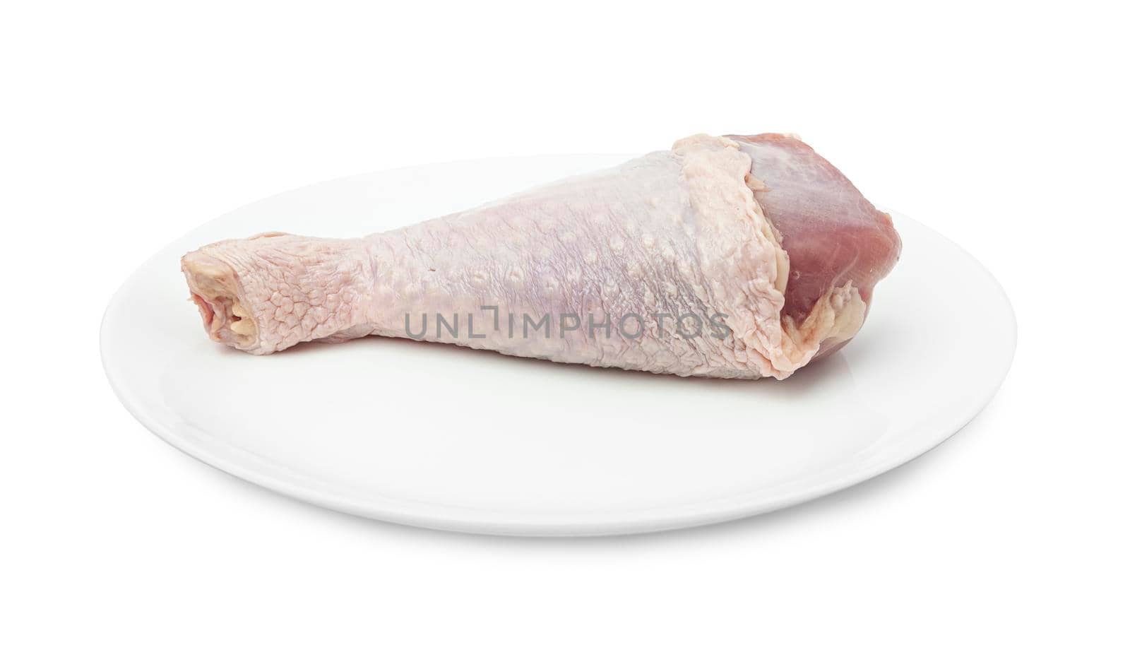 One RAW turkey leg on a white plate by SlayCer