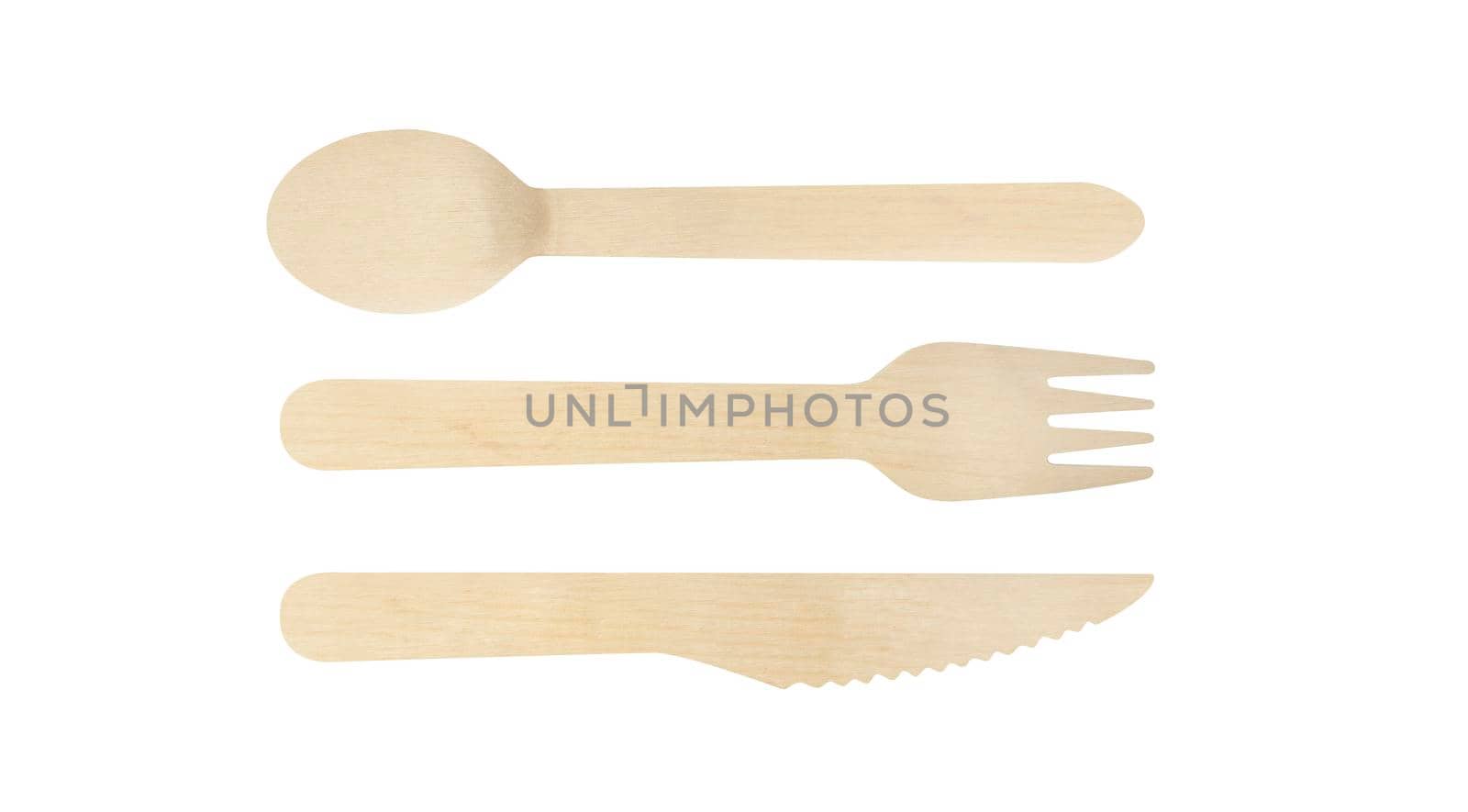 Wooden spoon, fork and knife isolated on white background by SlayCer
