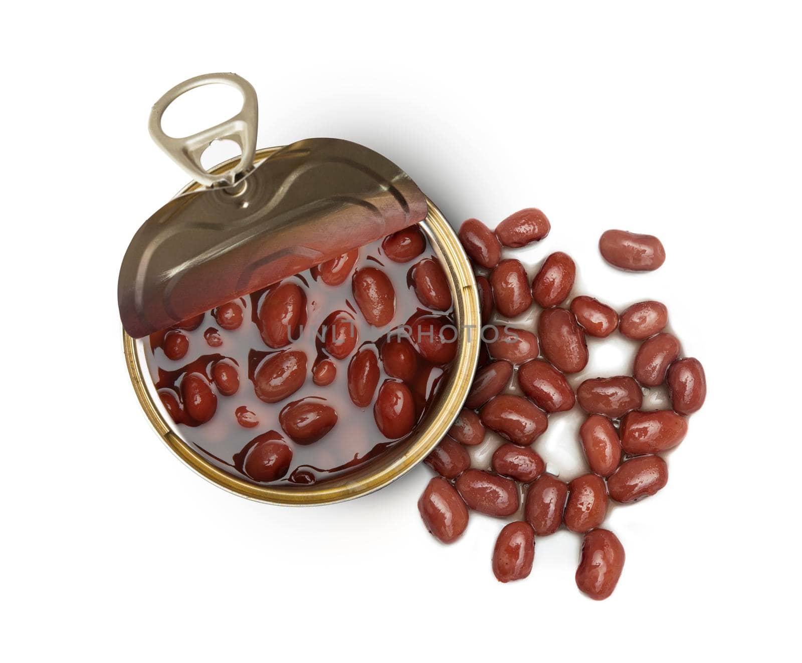 Opened tin of kidney red beans isolated on white background. Top view. With clipping path.