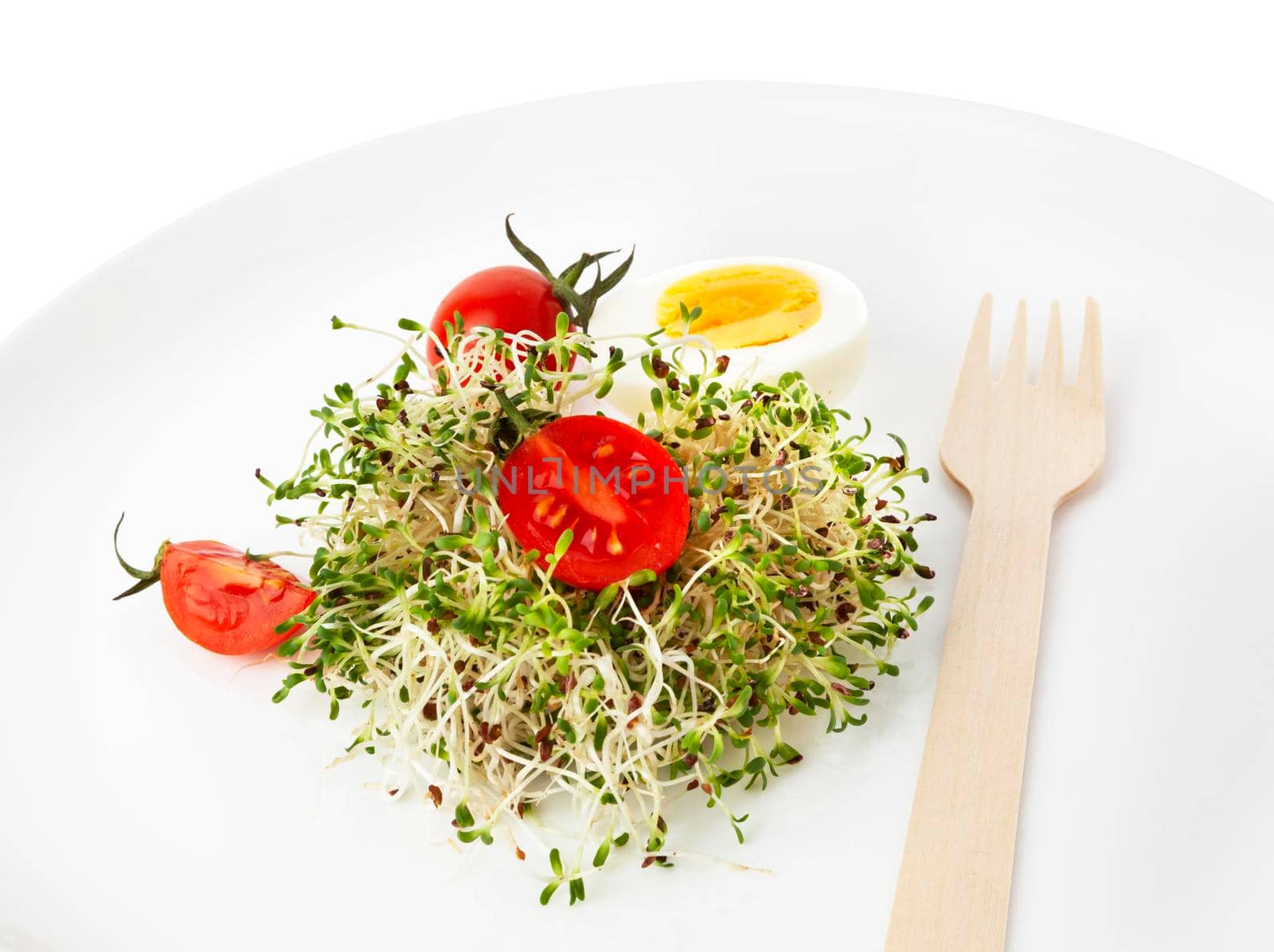 Heap of alfalfa sprouts on white plate with wooden fork and knife by SlayCer